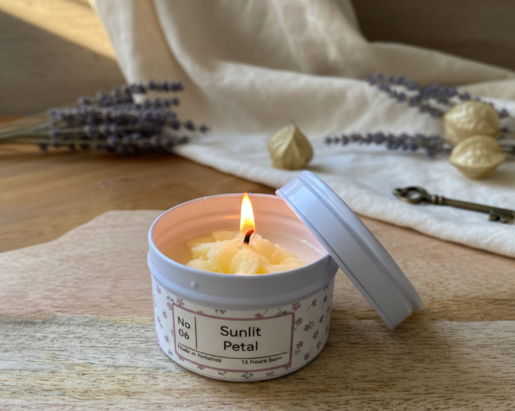 Hand poured Tin Candle with wax flower - Sunlit Petal