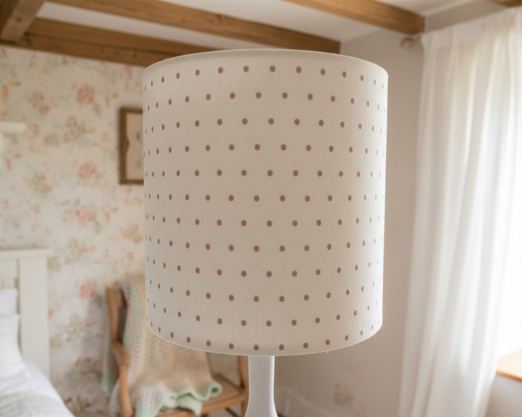 Lampshade - Linen & Rose Dotty Mauve on white - 15cm drum