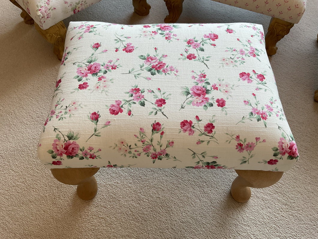 Footstool - Swaffer Bethan Pinks on white with Queen Anne legs