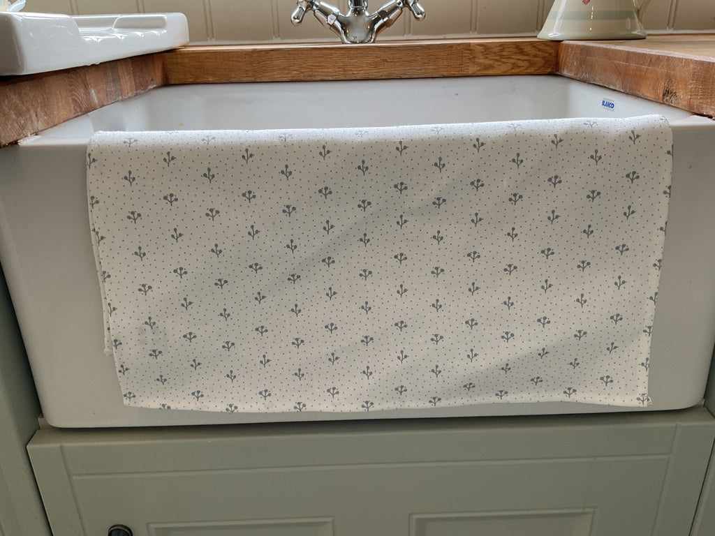 Tea Towel - Peony and Sage linen Sprig Rain on white linen