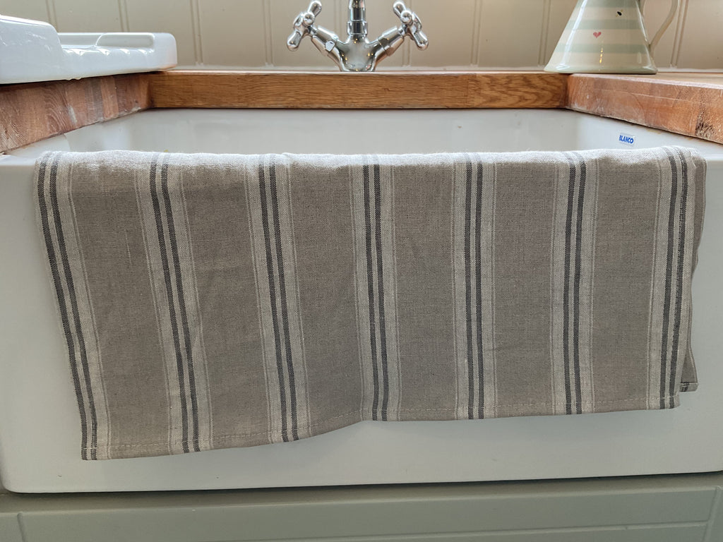 Tea Towel - Peony and Sage linen floppy ticking charcoal