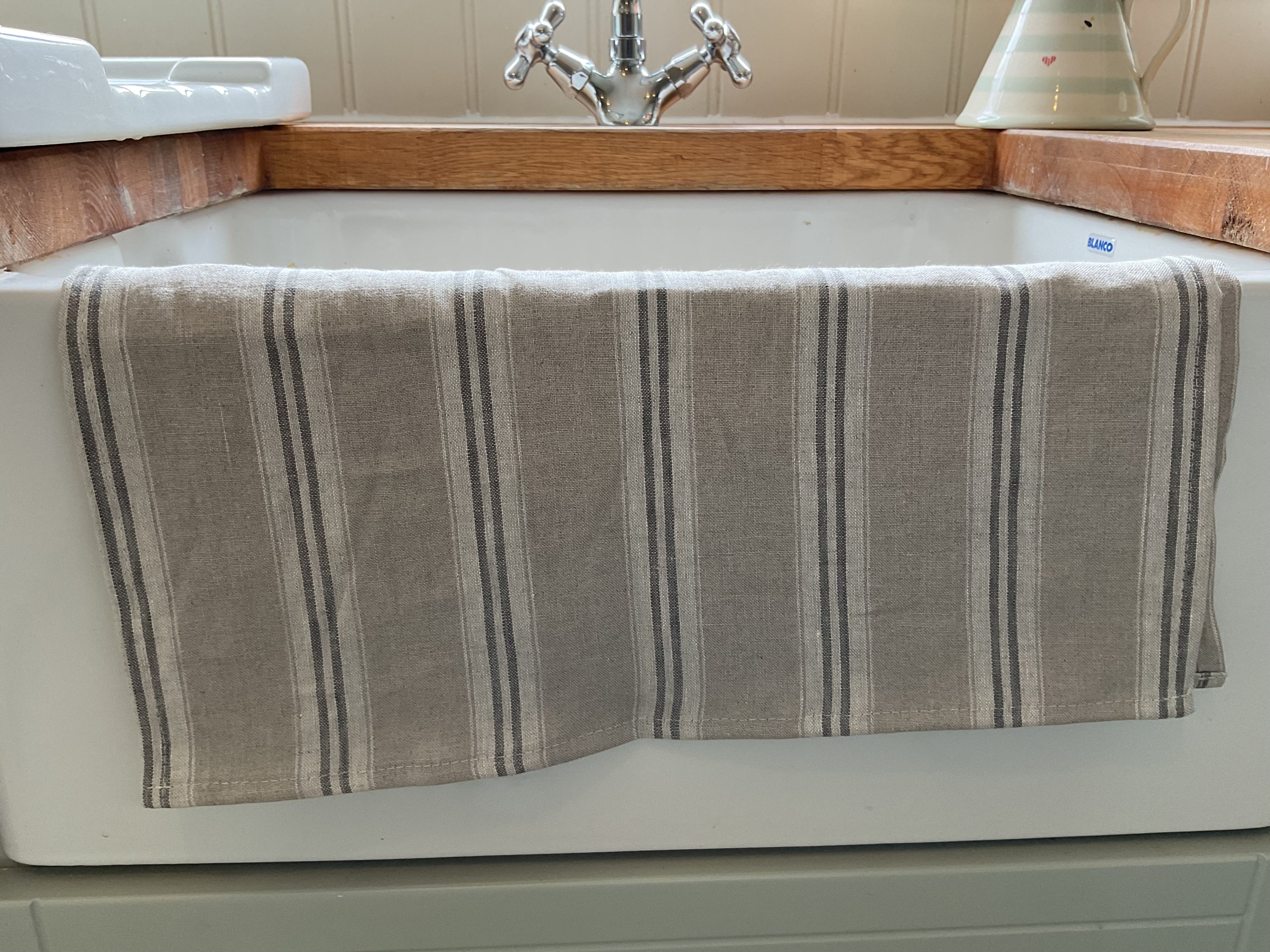 Tea Towel - Peony and Sage linen floppy ticking charcoal