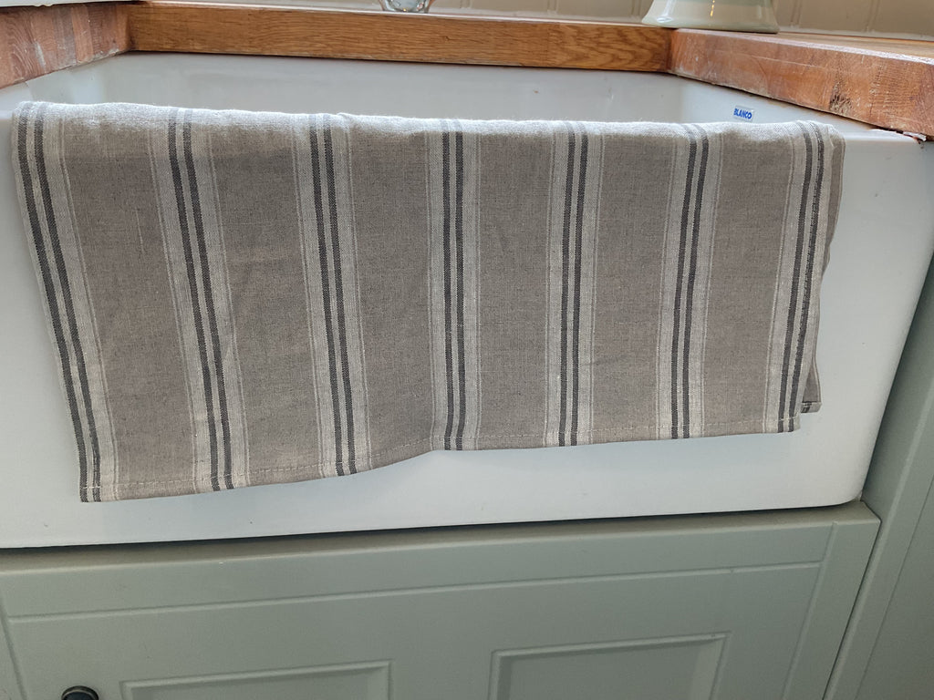 Tea Towel - Peony and Sage linen floppy ticking charcoal