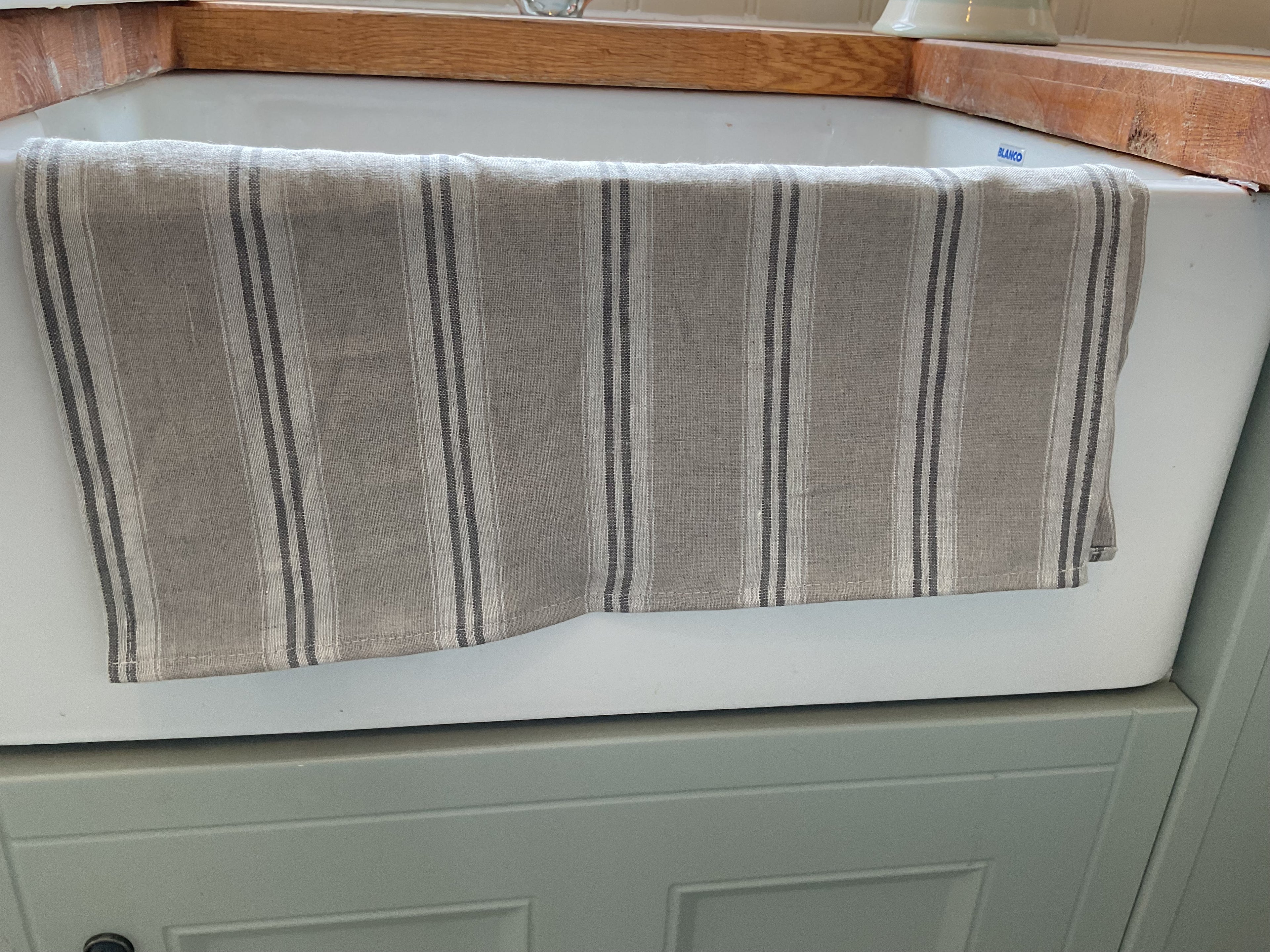 Tea Towel - Peony and Sage linen floppy ticking charcoal