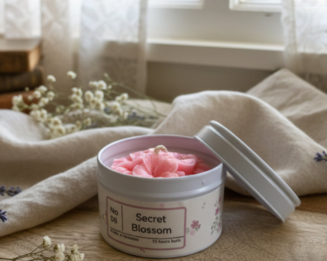 Hand Poured Tin candle with wax flower - Secret Blossom