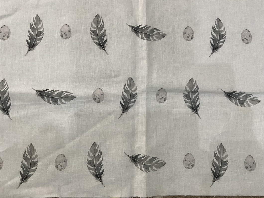 Fabric Remnant - Peony and Sage Feather and Egg on white linen