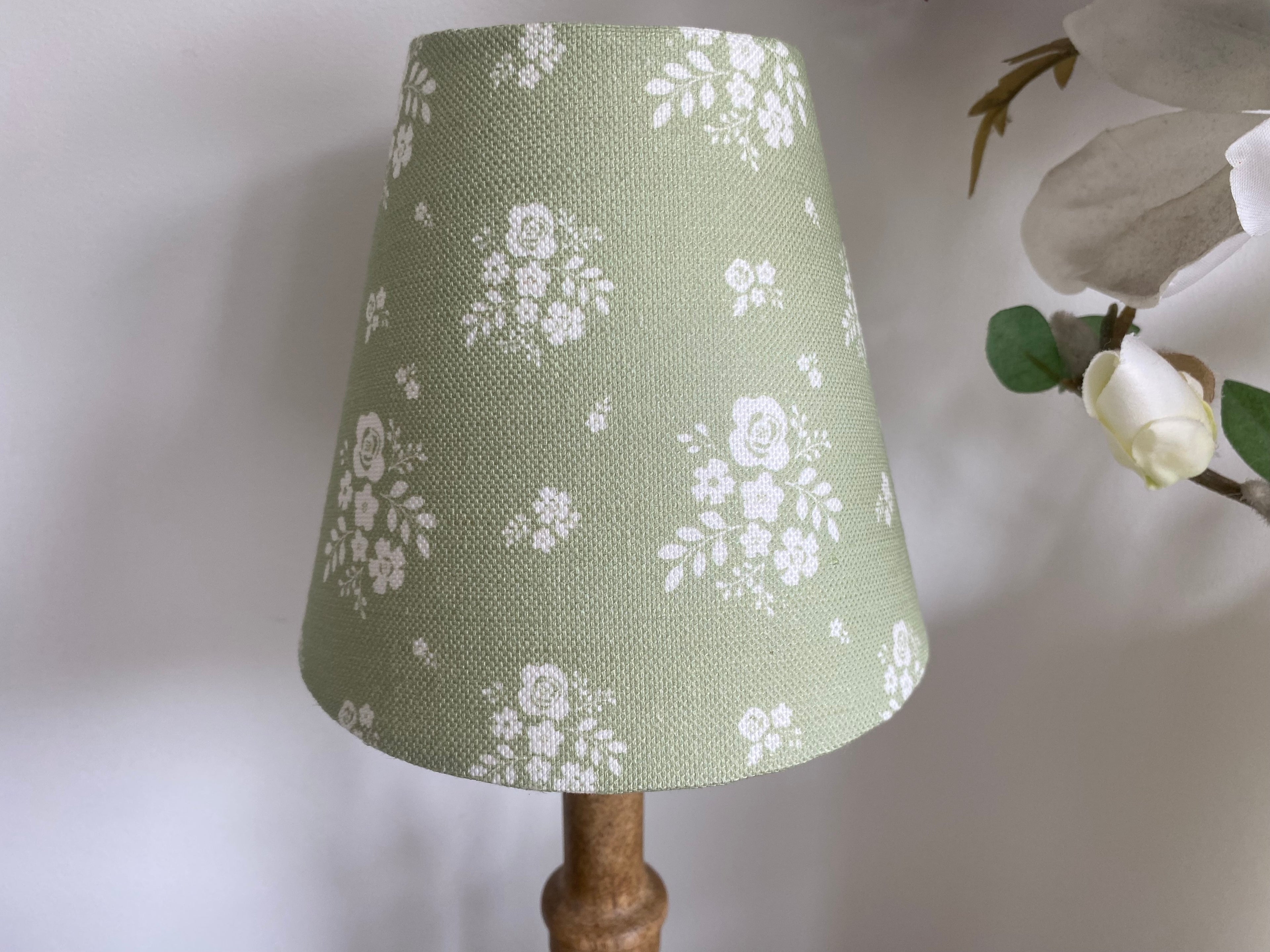 Candle Clip Lampshade - Damson Fog linen (green on white)
