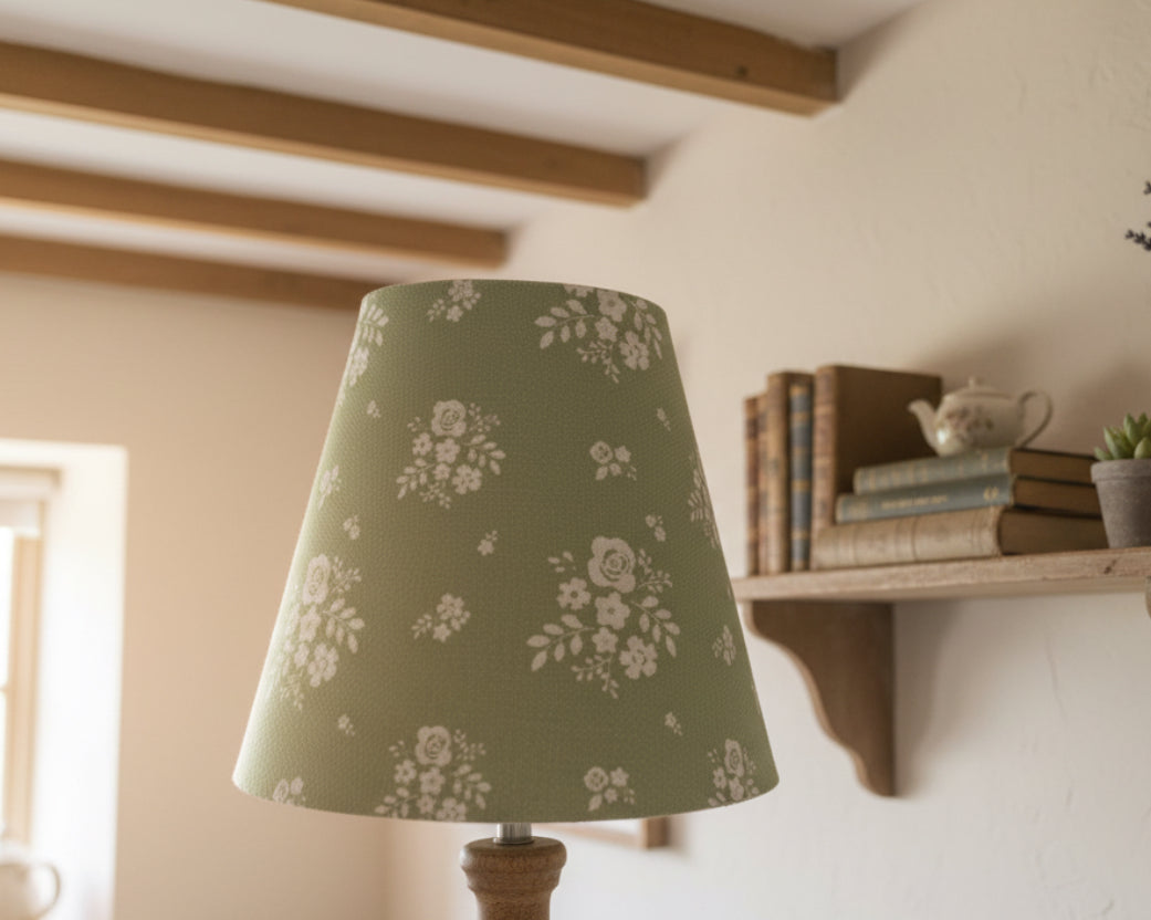 Candle Clip Lampshade - Damson Fog linen (green on white)