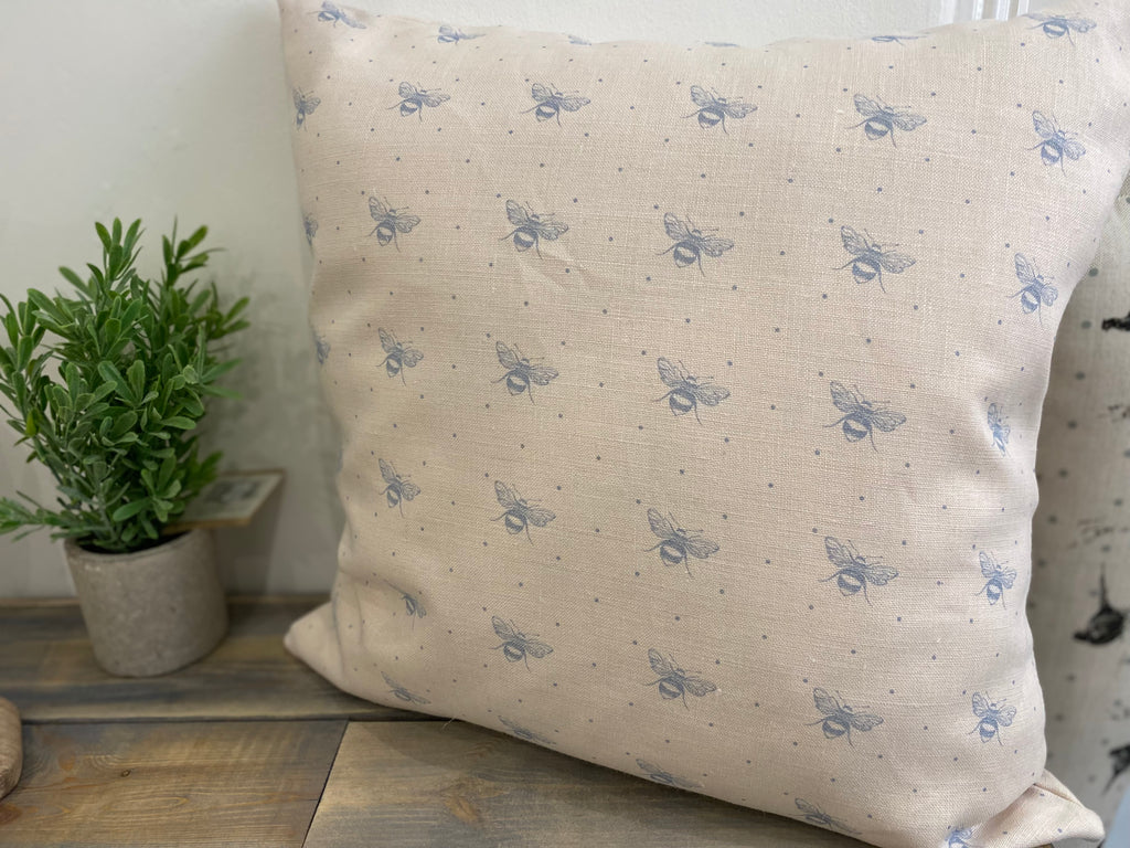 Cushion Cover - Peony & Sage Blue Bee on cream linen45cm