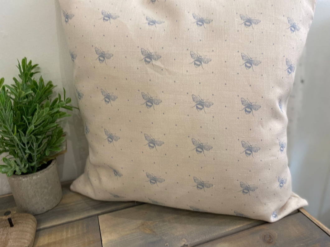 Cushion Cover - Peony & Sage Blue Bee on cream linen45cm