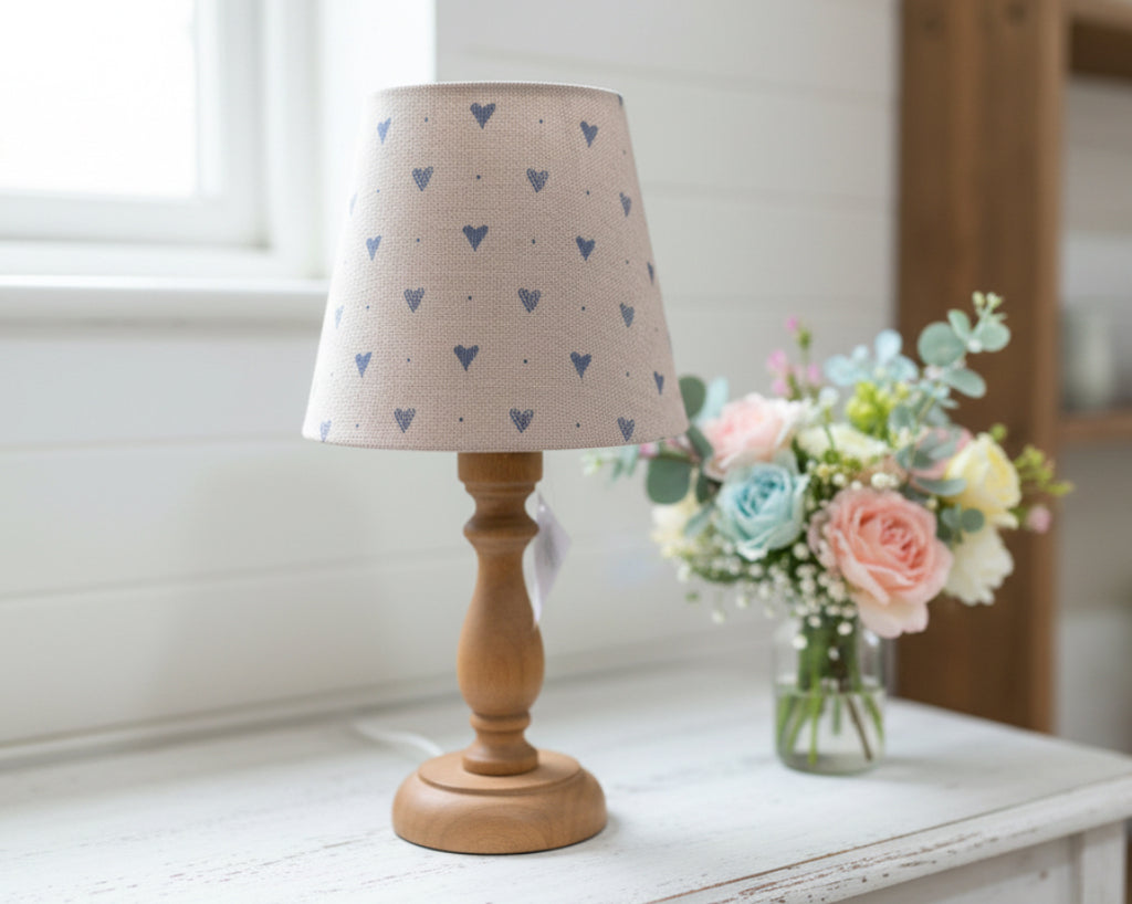Mini Empire Lampshade - Linen & Rose -  Hearts Snow on natural - 15cm