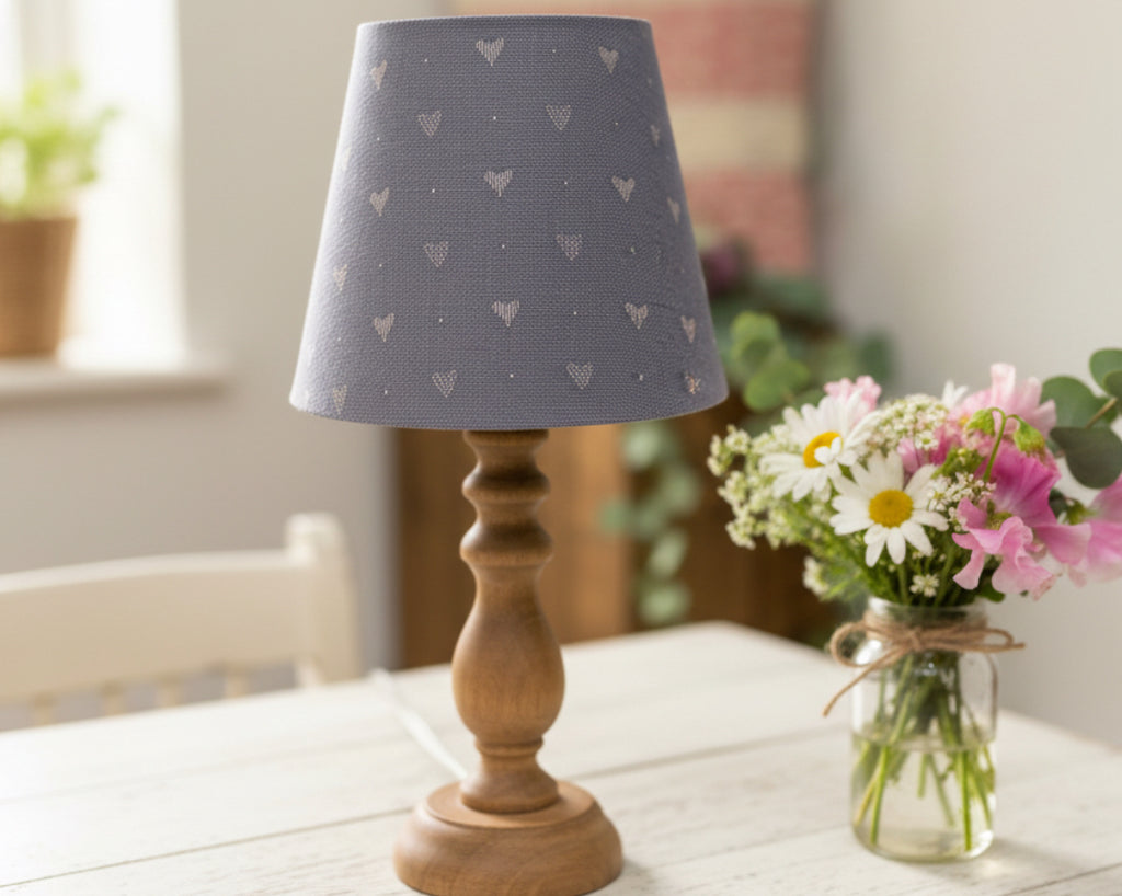 Mini Empire Lampshade - Linen & Rose -  Hearts Denim on natural - 15cm