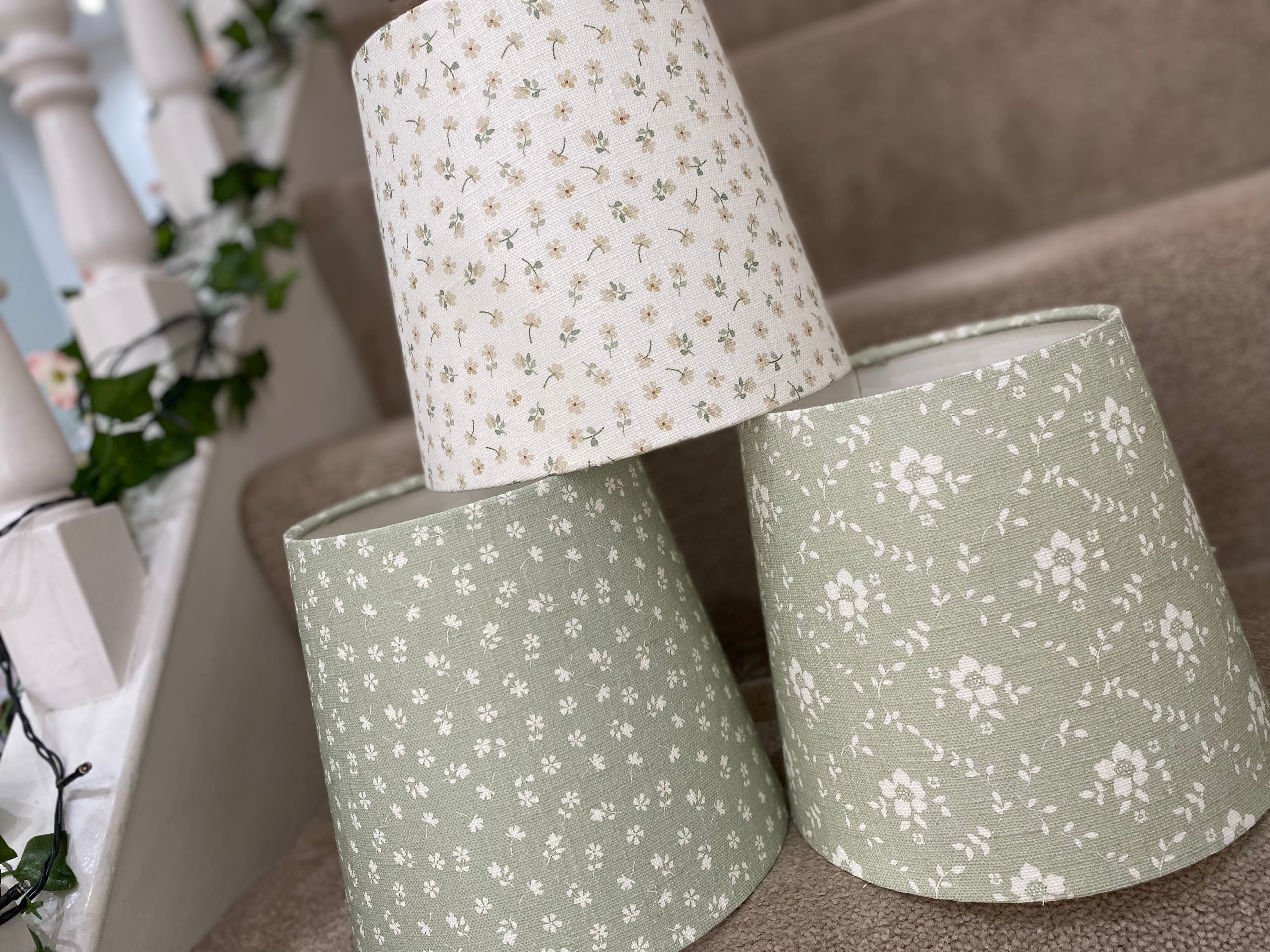 Empire Lampshade - Linen & Rose -  Emilia Green on white linen - 20cm Empire