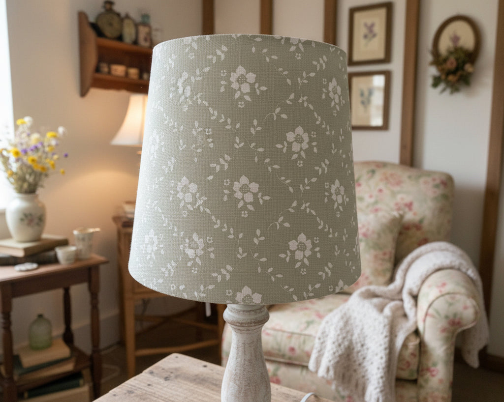 Empire Lampshade - Linen & Rose -  Emilia Green on white linen - 20cm Empire