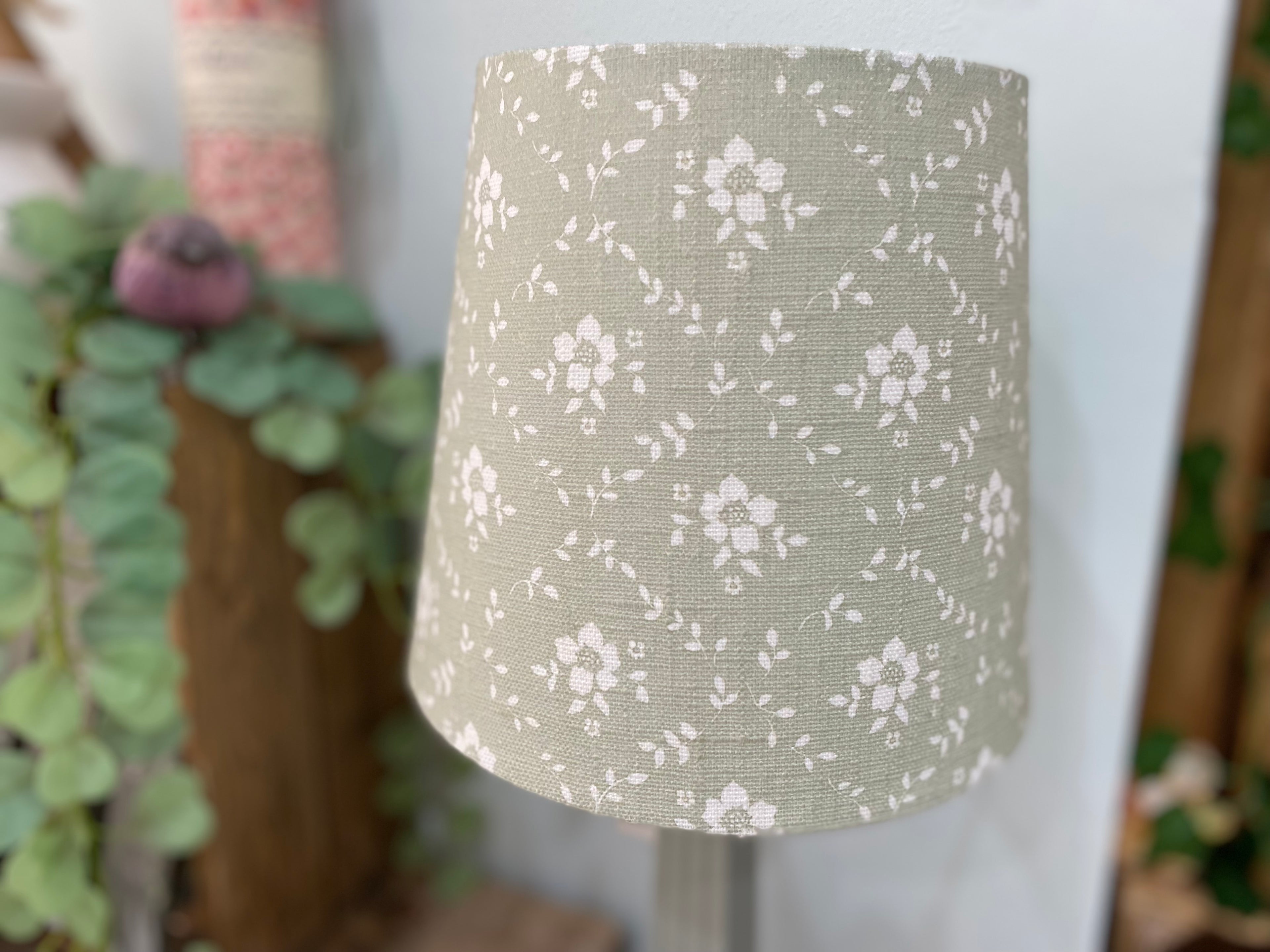 Empire Lampshade - Linen & Rose -  Emilia Green on white linen - 20cm Empire