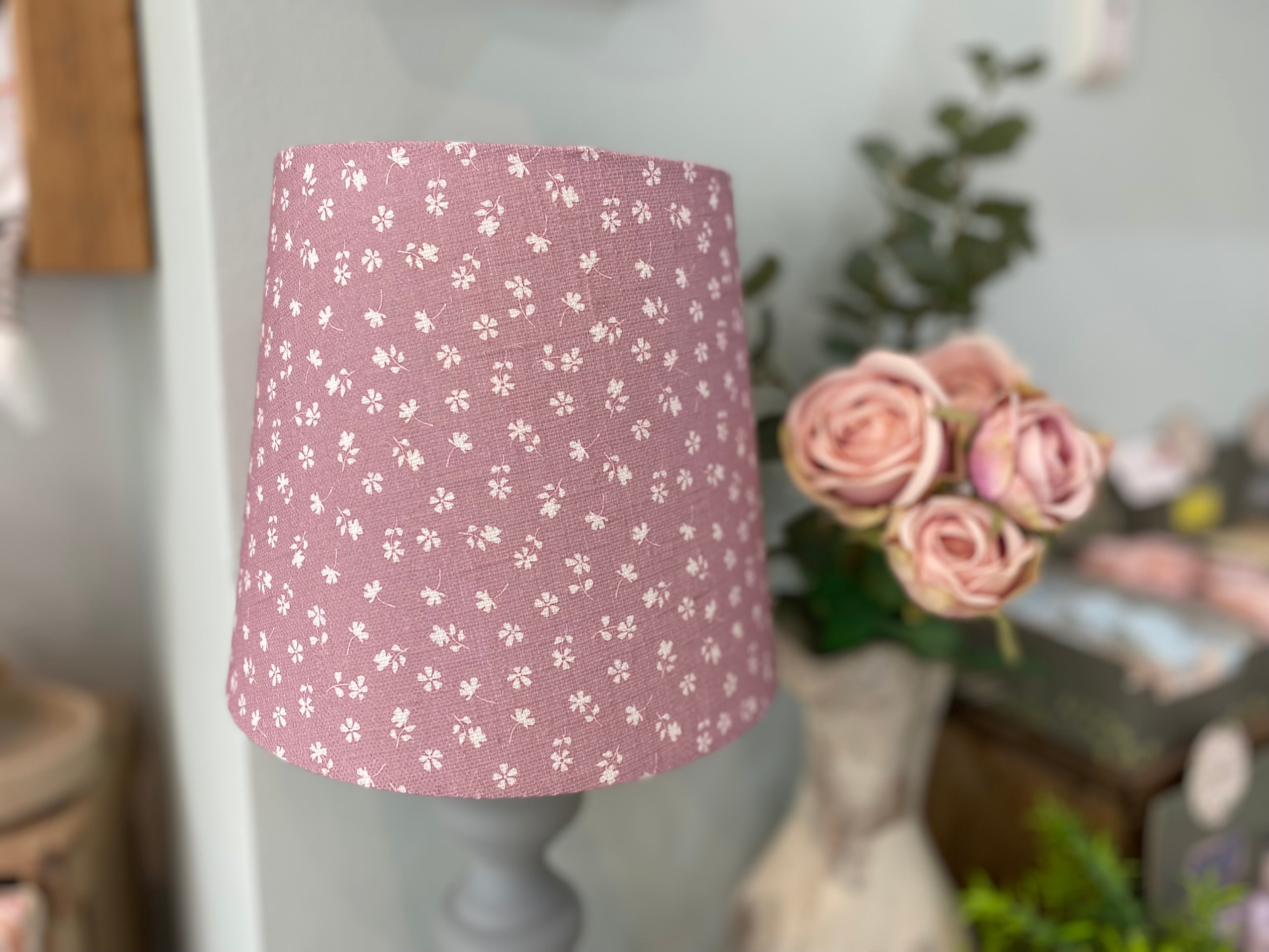 Empire Lampshade - Linen & Rose -  Ditsy Mauve on White linen - 20cm Empire