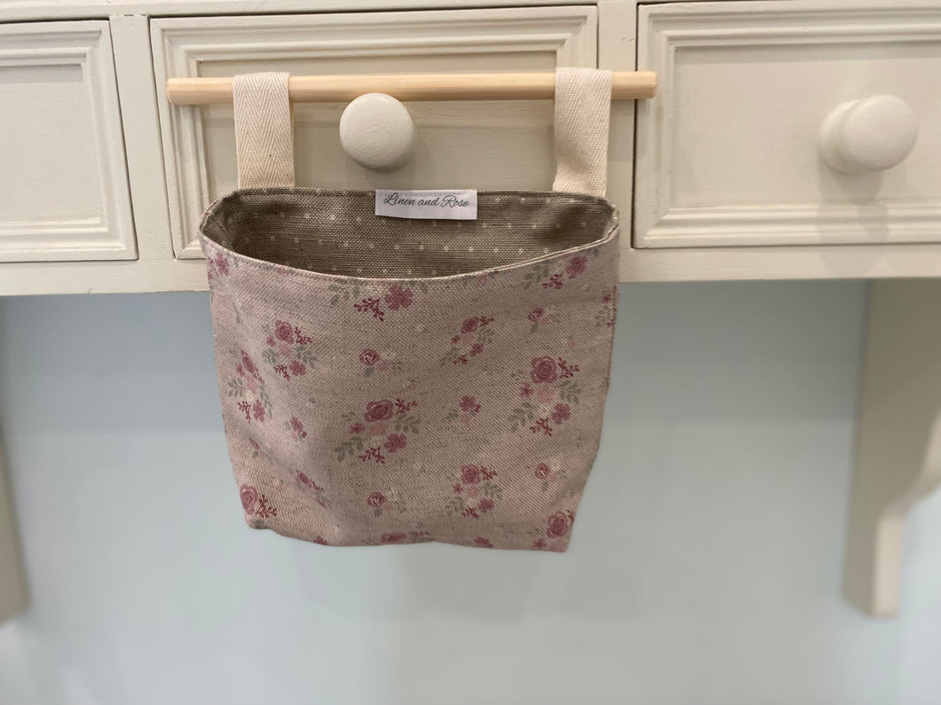 Hanging Fabric Basket - Linen & Rose Damson  - Natural spot lining