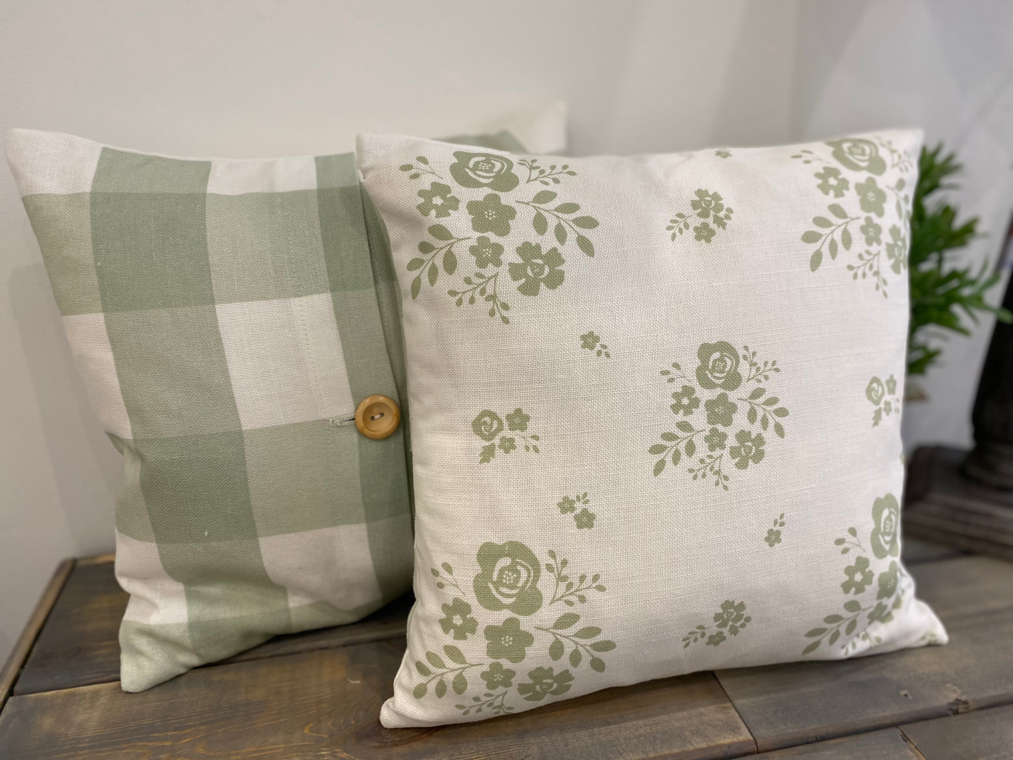 Cushion Cover - Linen and Rose Damson Green on white - 32cm x 32cm