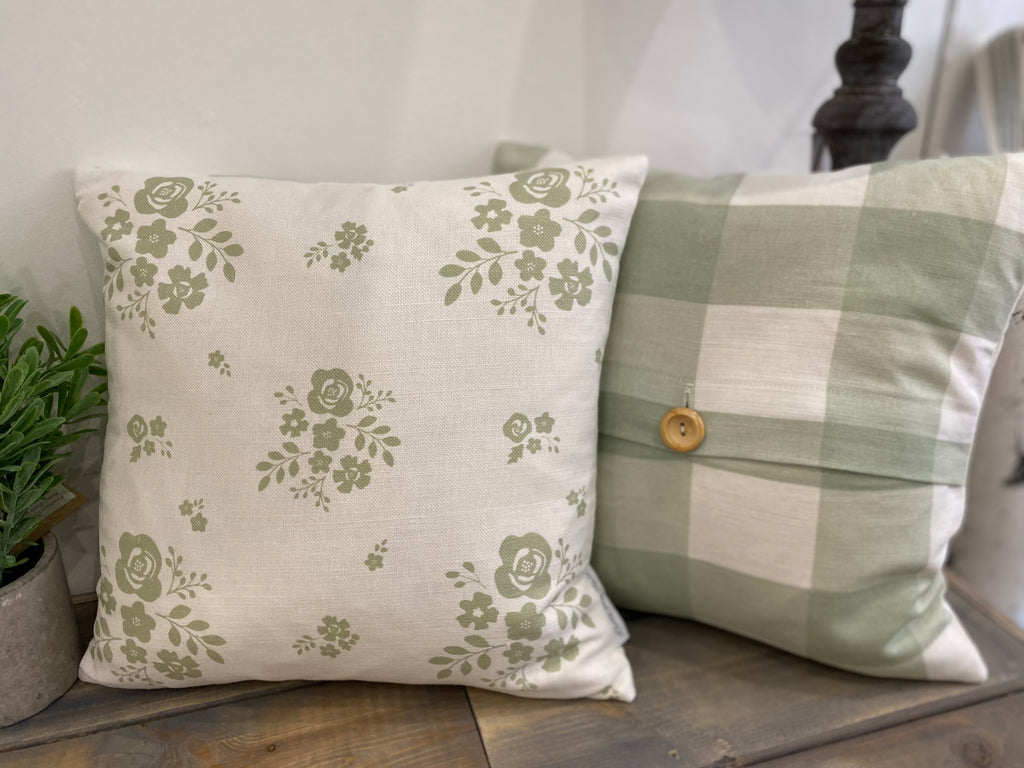 Cushion Cover - Linen and Rose Damson Green on white - 32cm x 32cm