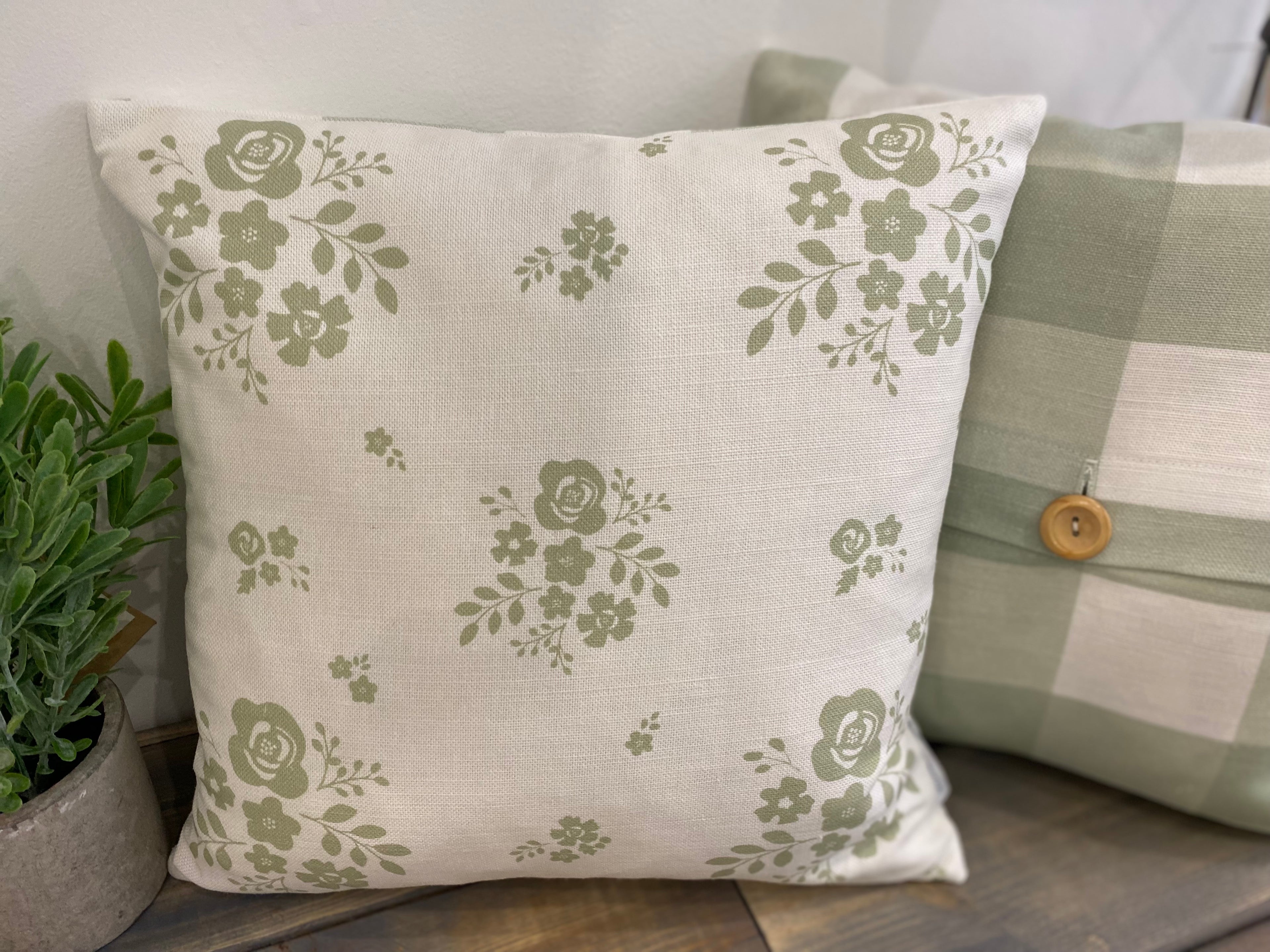 Cushion Cover - Linen and Rose Damson Green on white - 32cm x 32cm