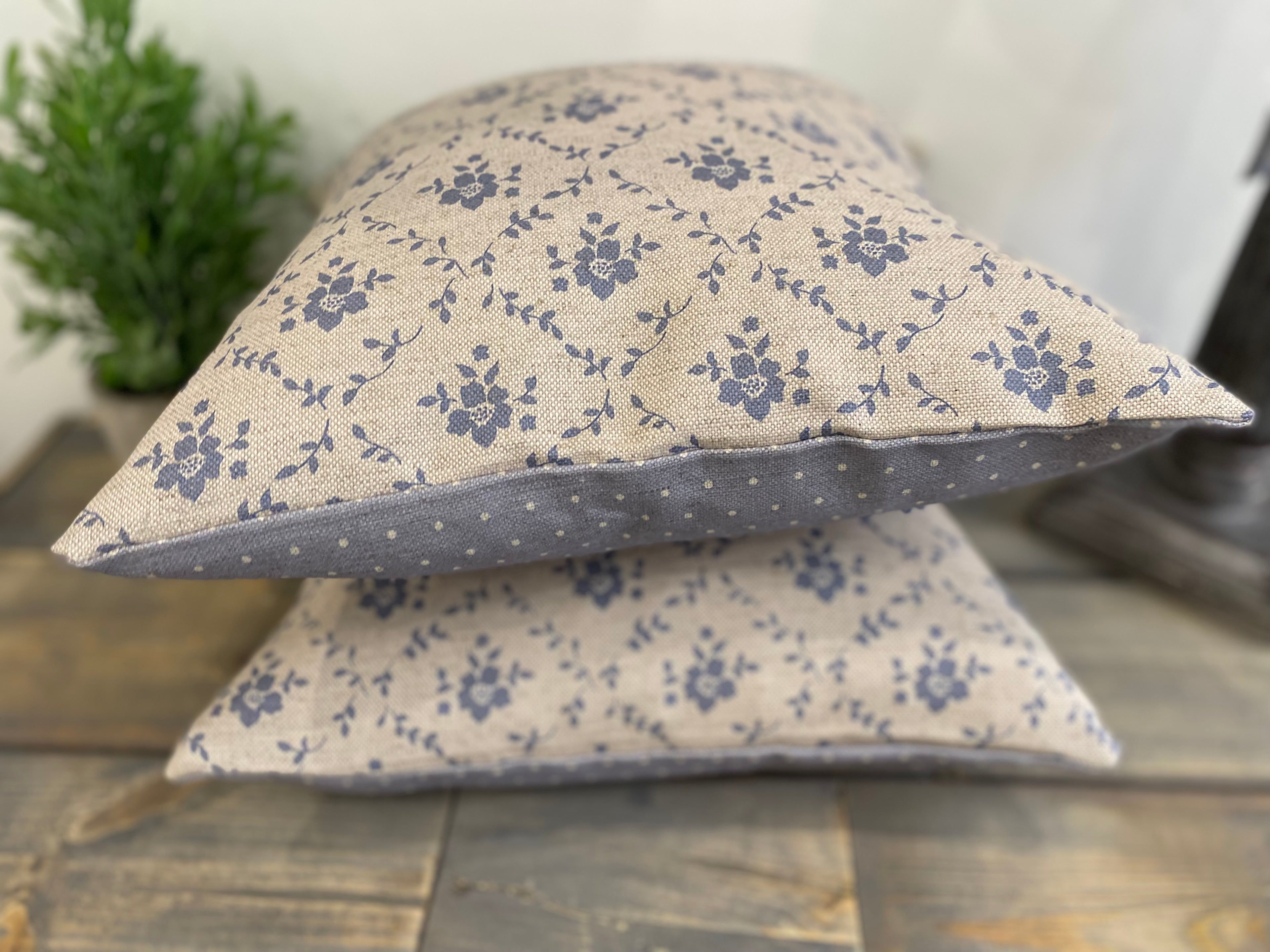 Cushion Cover - Linen and Rose Emilia Denim on Snow- 32cm x 32cm