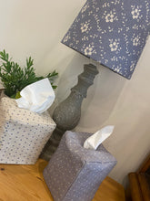 Load image into Gallery viewer, Tissue Box cover - Linen and Rose Dotty - Denim on Snow natural linen
