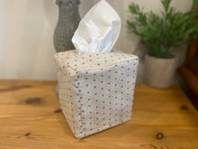 Load image into Gallery viewer, Tissue Box cover - Linen and Rose Dotty - Denim on Snow natural linen
