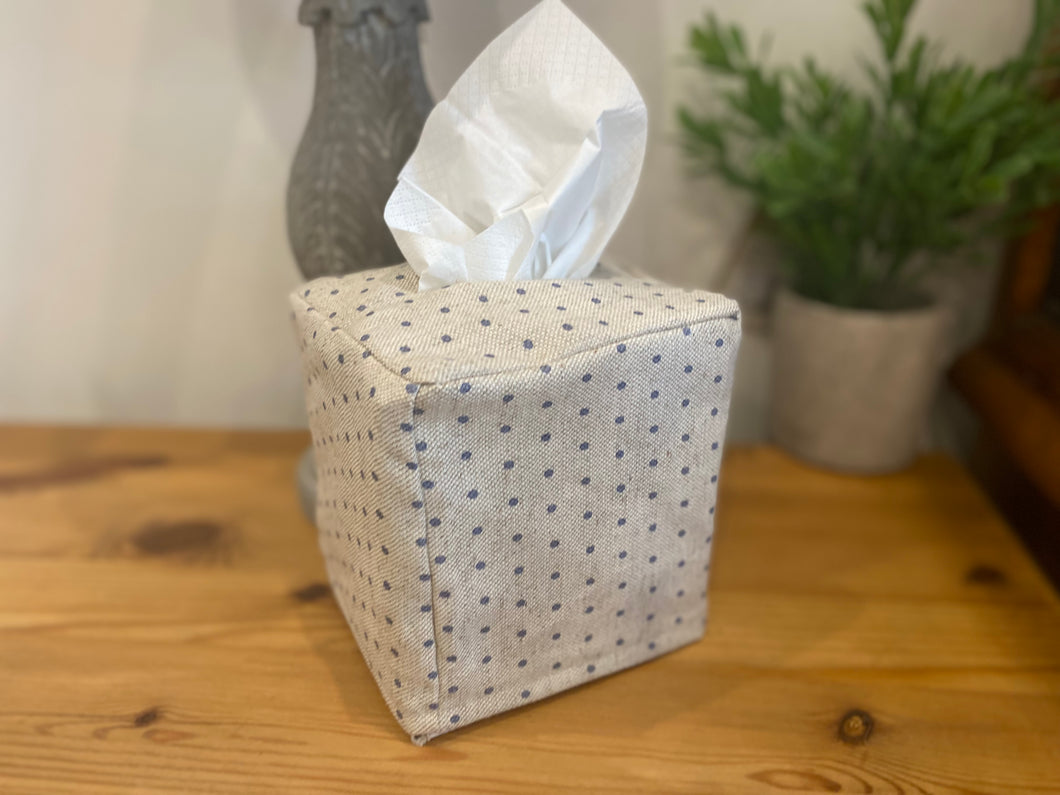 Tissue Box cover - Linen and Rose Dotty - Denim on Snow natural linen