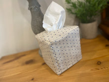 Load image into Gallery viewer, Tissue Box cover - Linen and Rose Dotty - Denim on Snow natural linen
