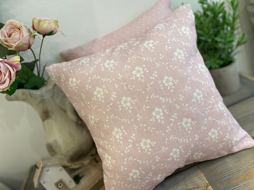 Cushion Cover - Linen and Rose Pink Emilia with pink dotty - 32cm x 32cm