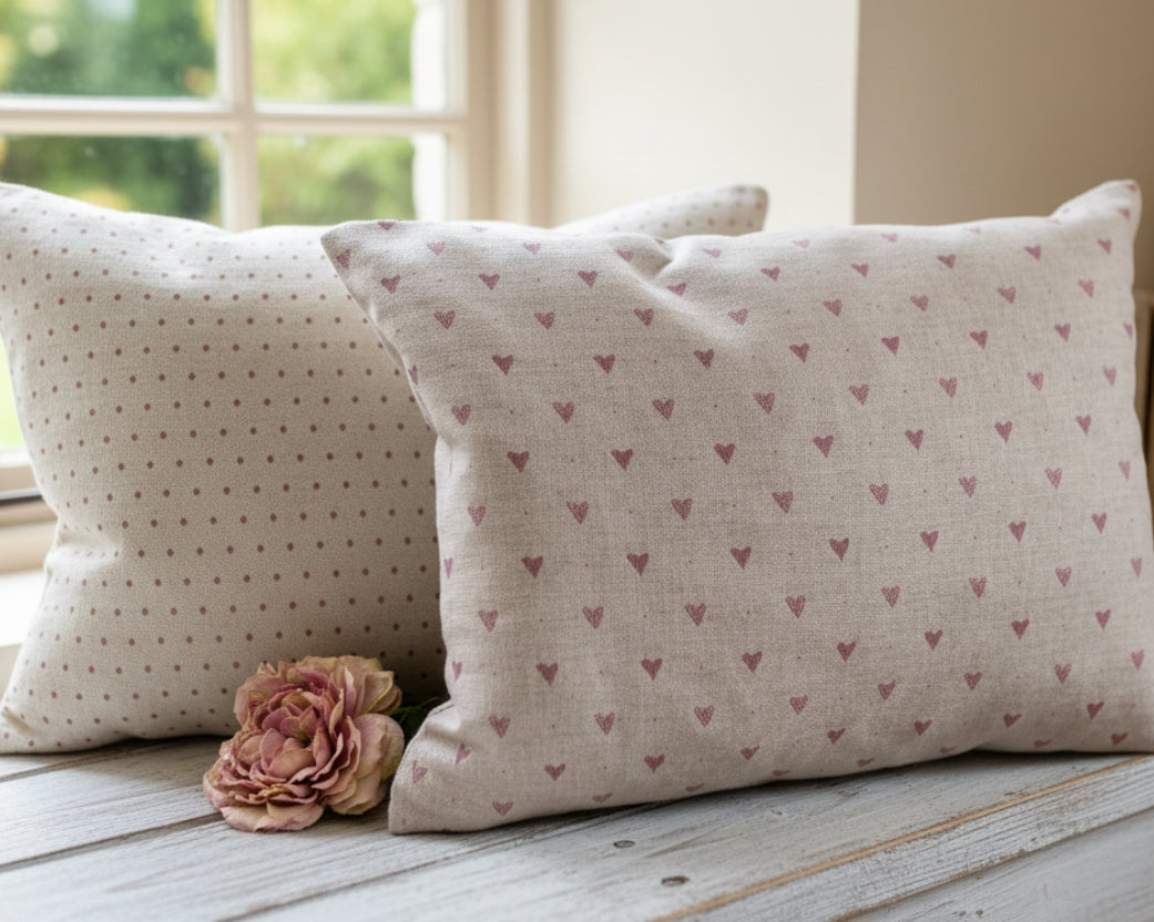 Cushion Cover - Linen and Rose Foxglove Hearts on natural linen - 30cm x 40cm