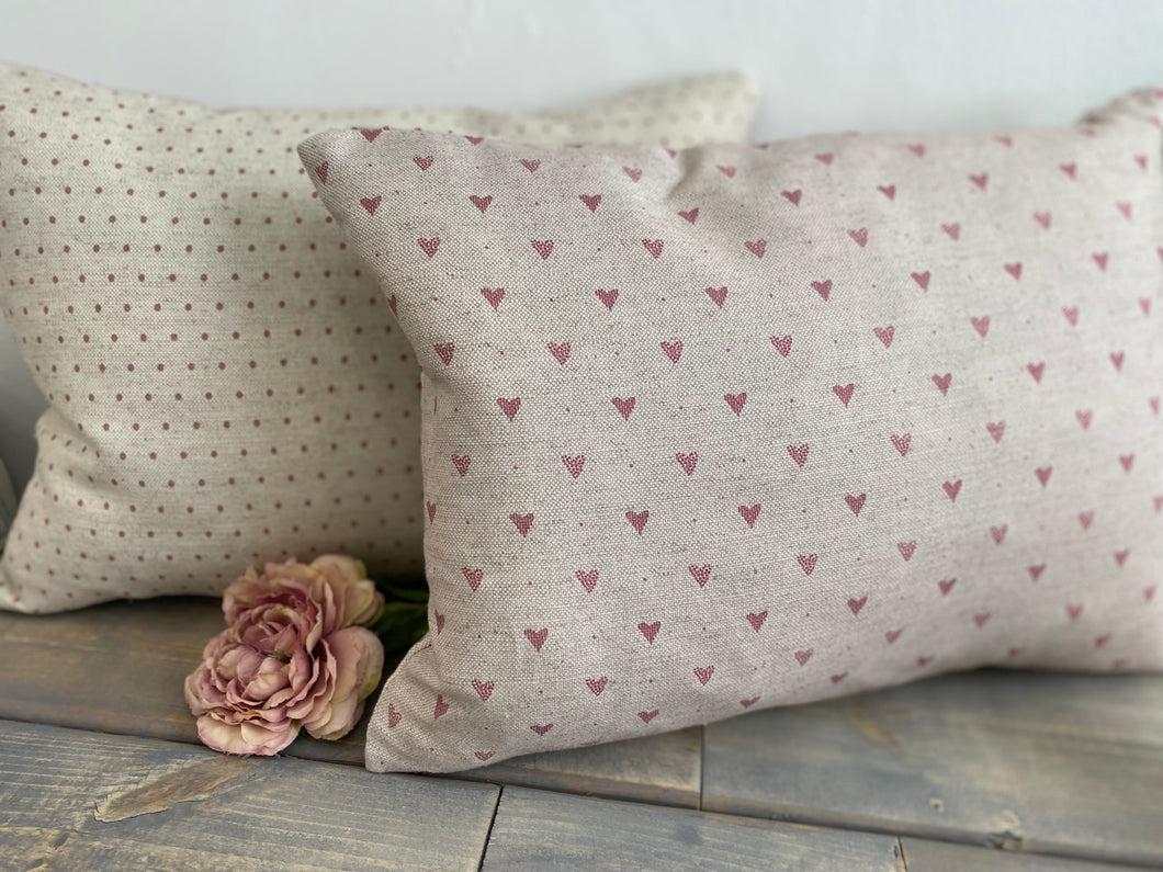 Cushion Cover - Linen and Rose Foxglove Hearts on natural linen - 30cm x 40cm