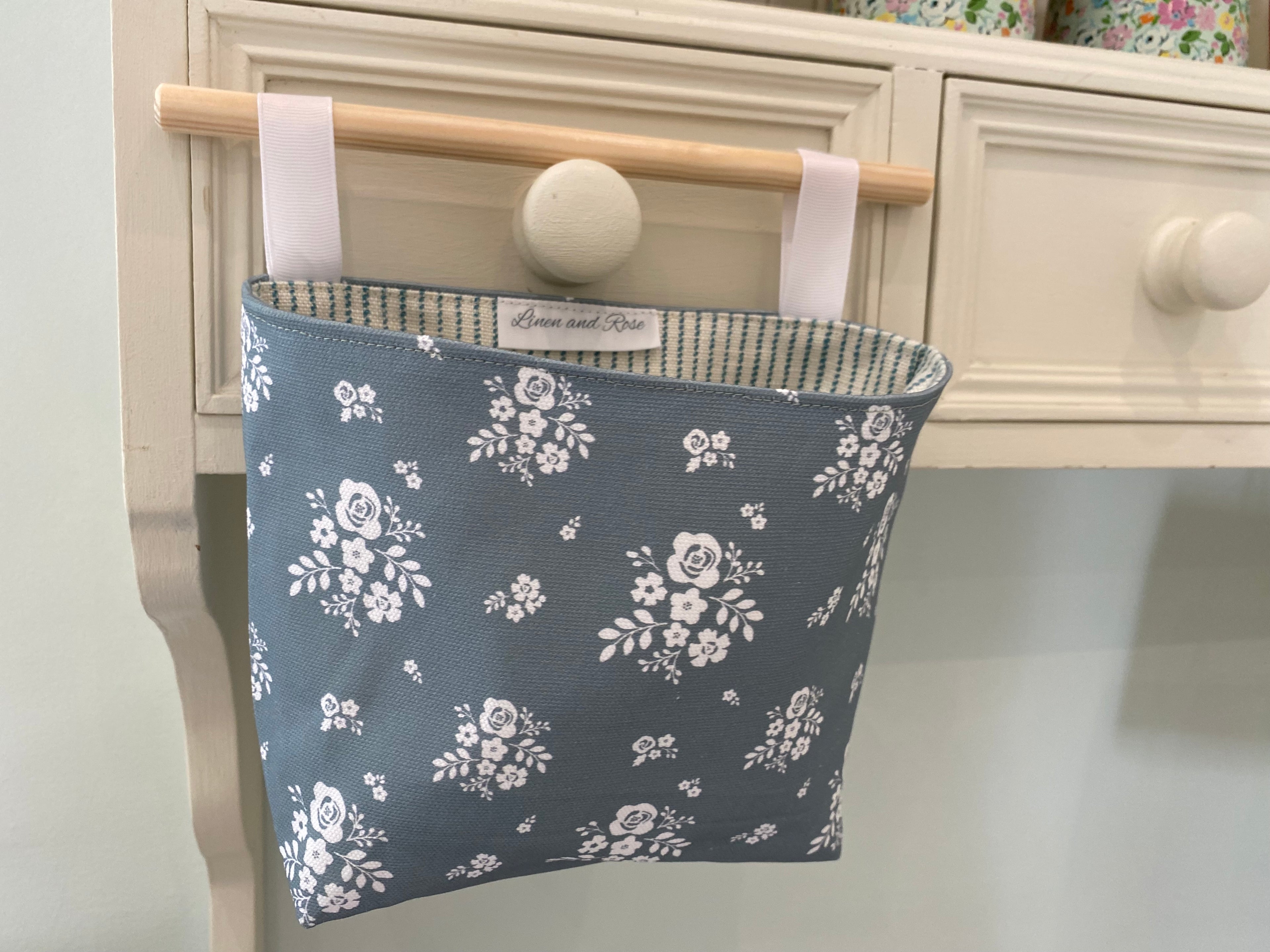 Hanging Fabric Basket - Linen & Rose Damson  - Sea Green