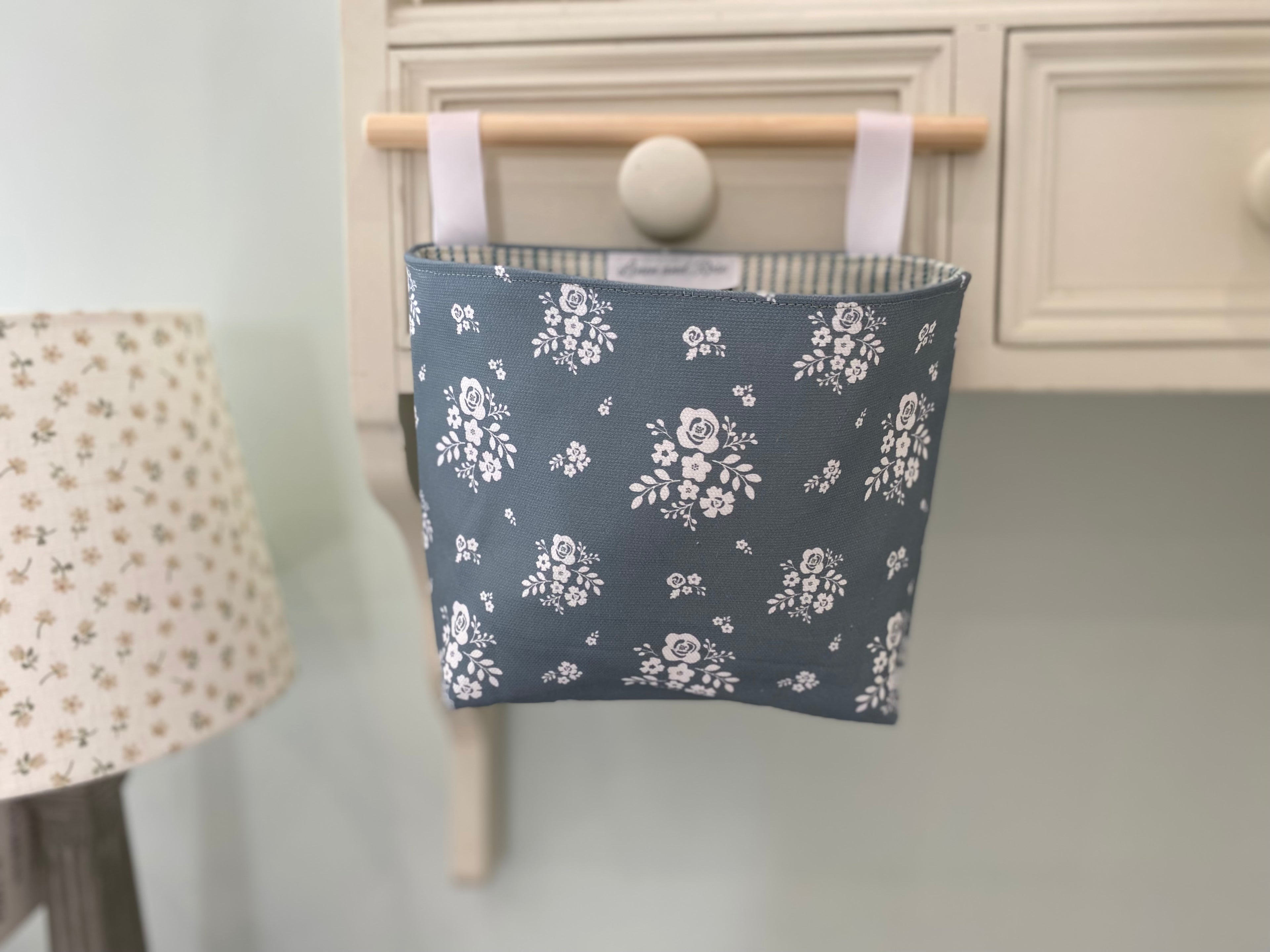 Hanging Fabric Basket - Linen & Rose Damson  - Sea Green
