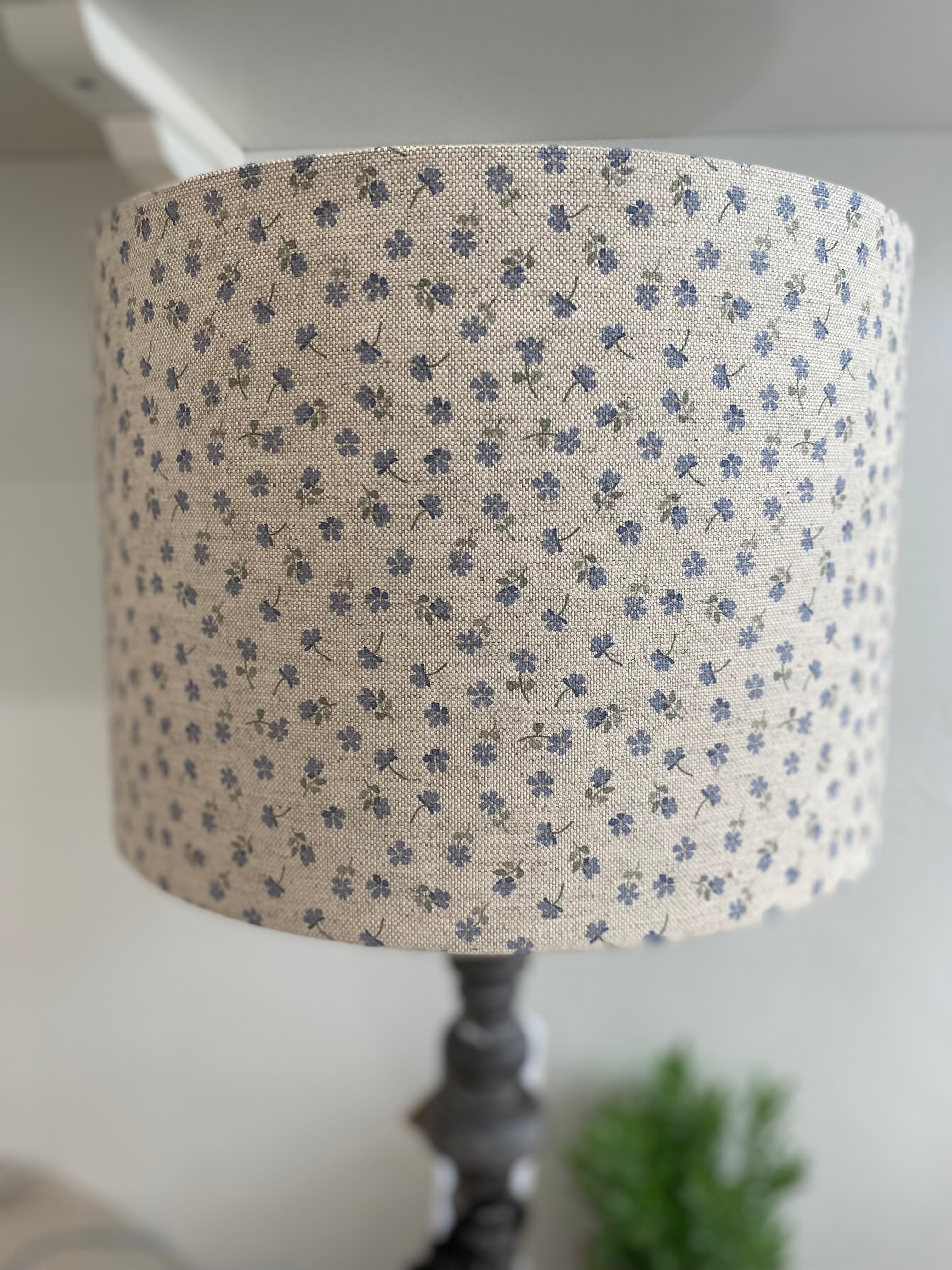 Lampshade - Linen & Rose Ditsy Blue on natural linen - 20cm drum lampshade
