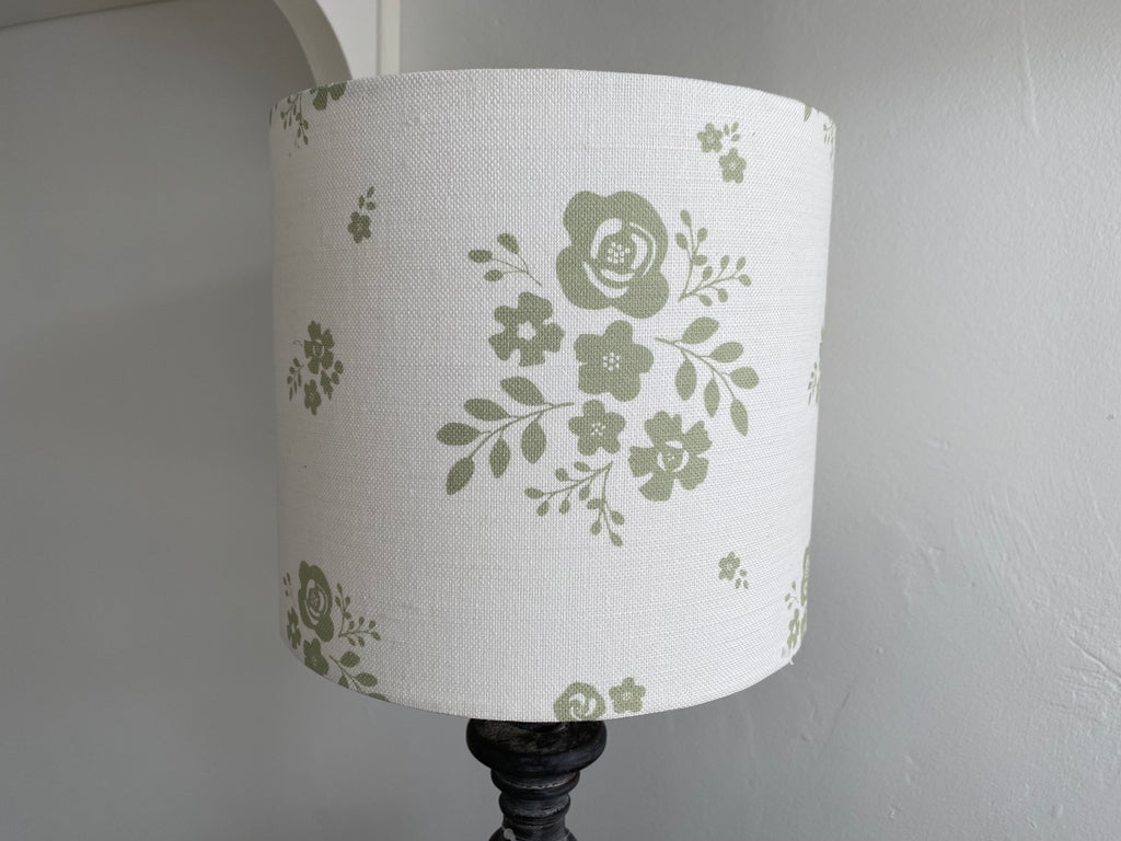 Lampshade - Linen & Rose Damson Green on white linen - 20cm drum lampshade