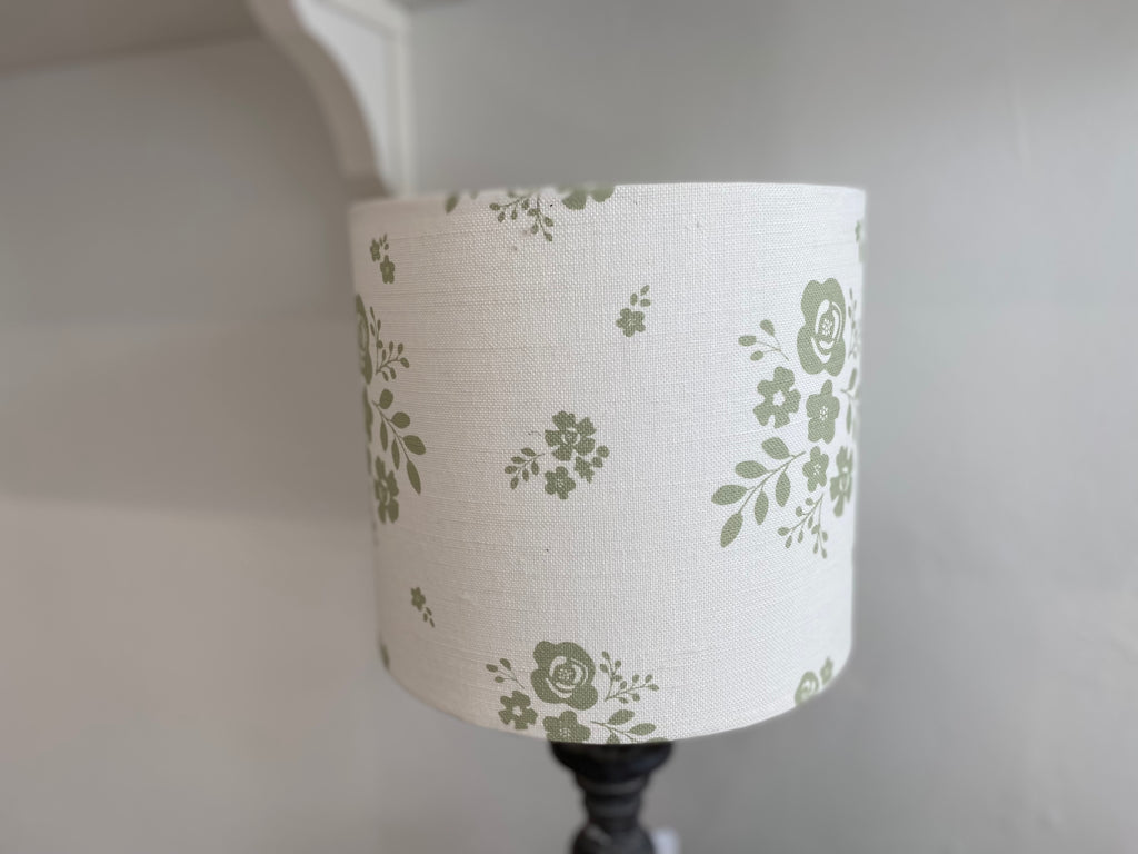 Lampshade - Linen & Rose Damson Green on white linen - 20cm drum lampshade