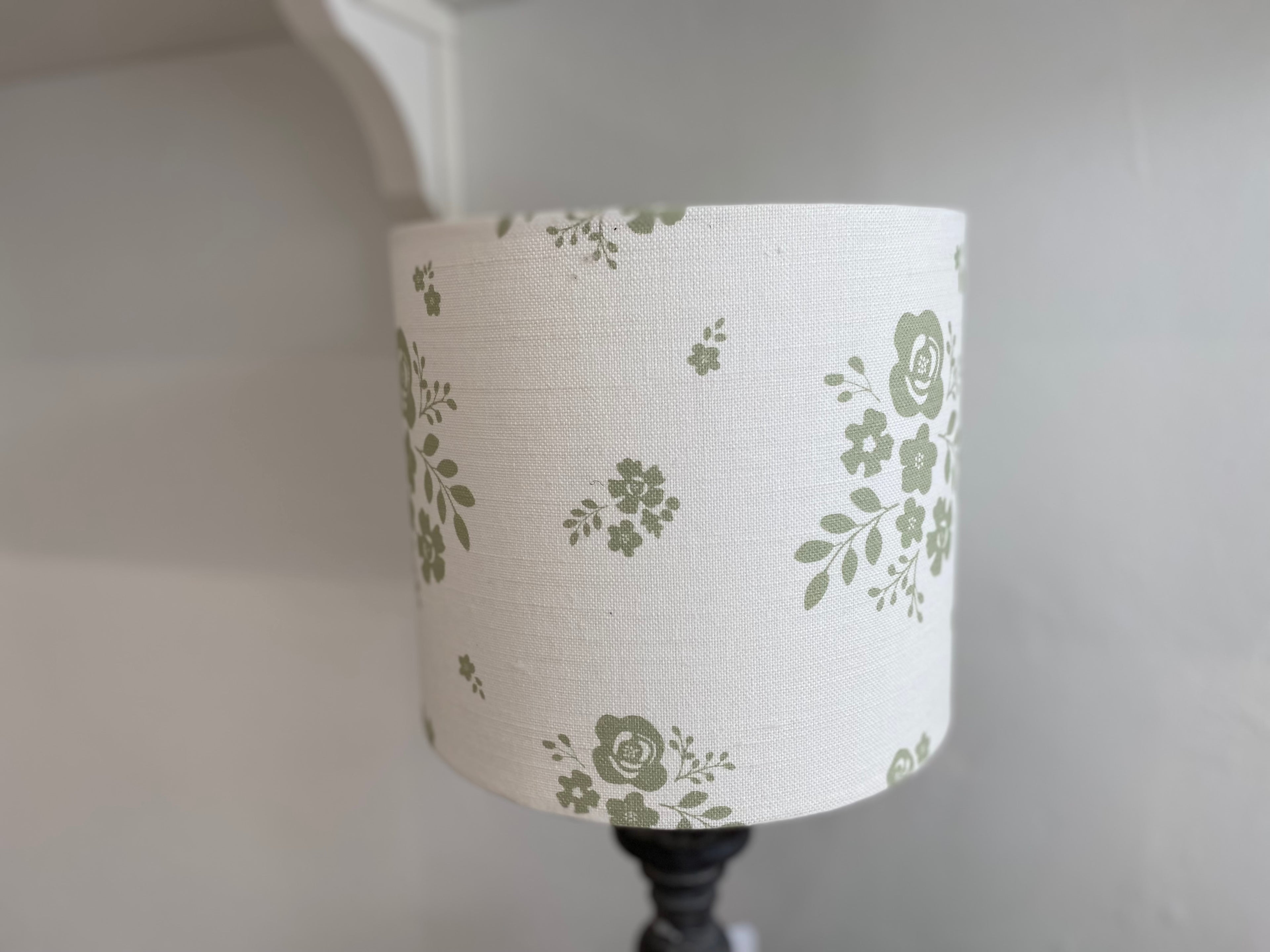 Lampshade - Linen & Rose Damson Green on white linen - 20cm drum lampshade