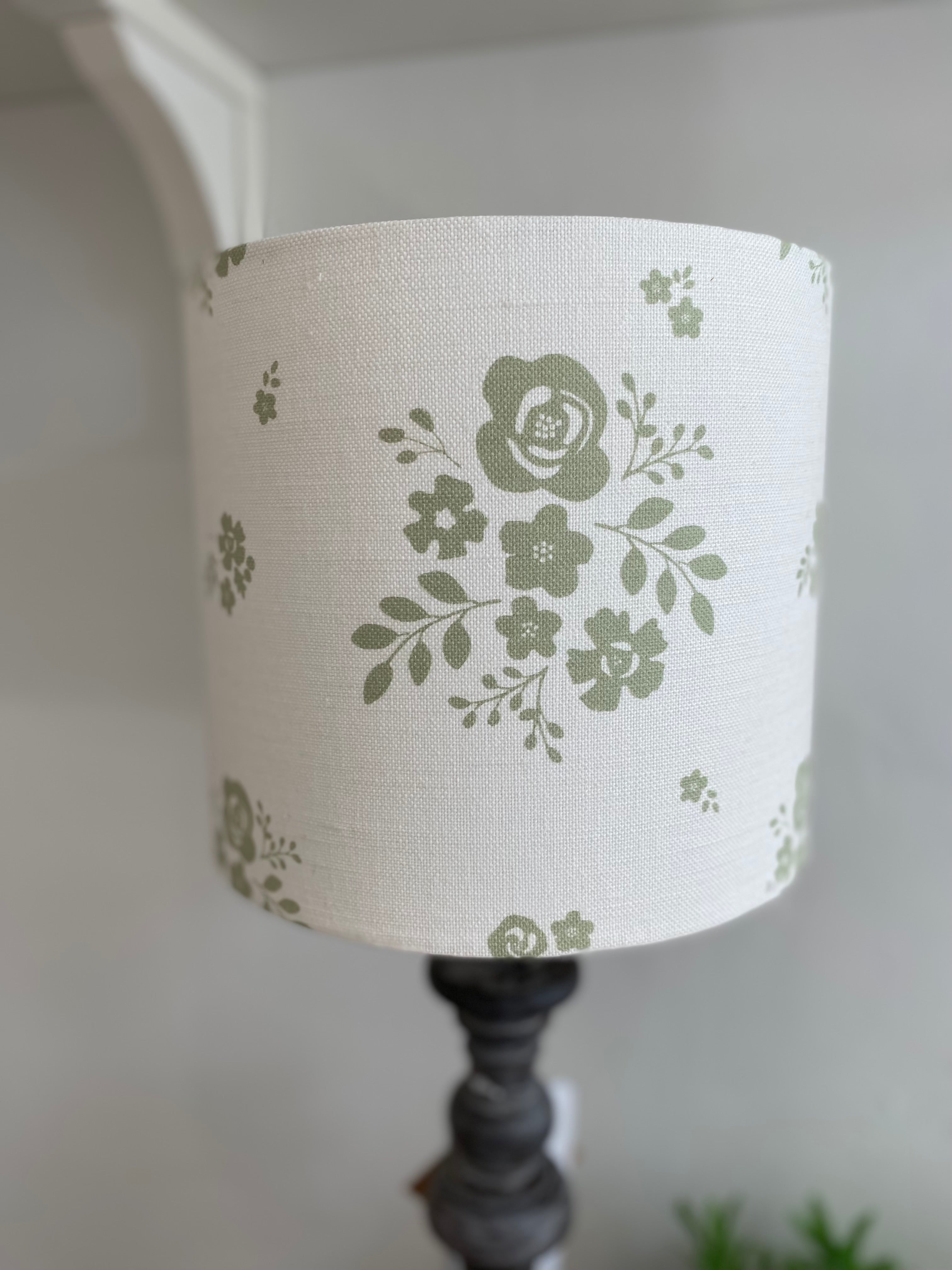 Lampshade - Linen & Rose Damson Green on white linen - 20cm drum lampshade