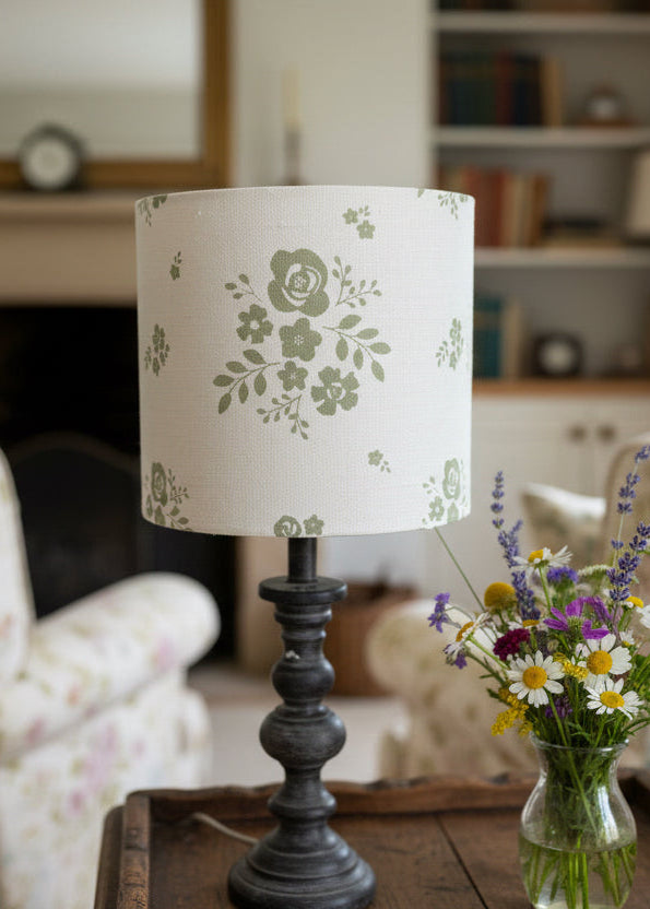 Lampshade - Linen & Rose Damson Green on white linen - 20cm drum lampshade