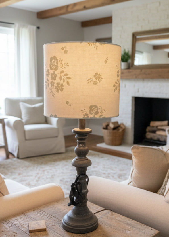 Lampshade - Linen & Rose Damson Duck Egg on white linen - 20cm drum lampshade