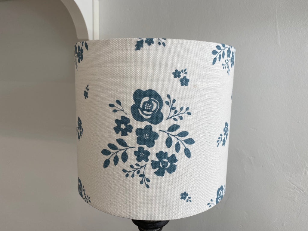 Lampshade - Linen & Rose Damson Denim on white linen - 20cm drum lampshade