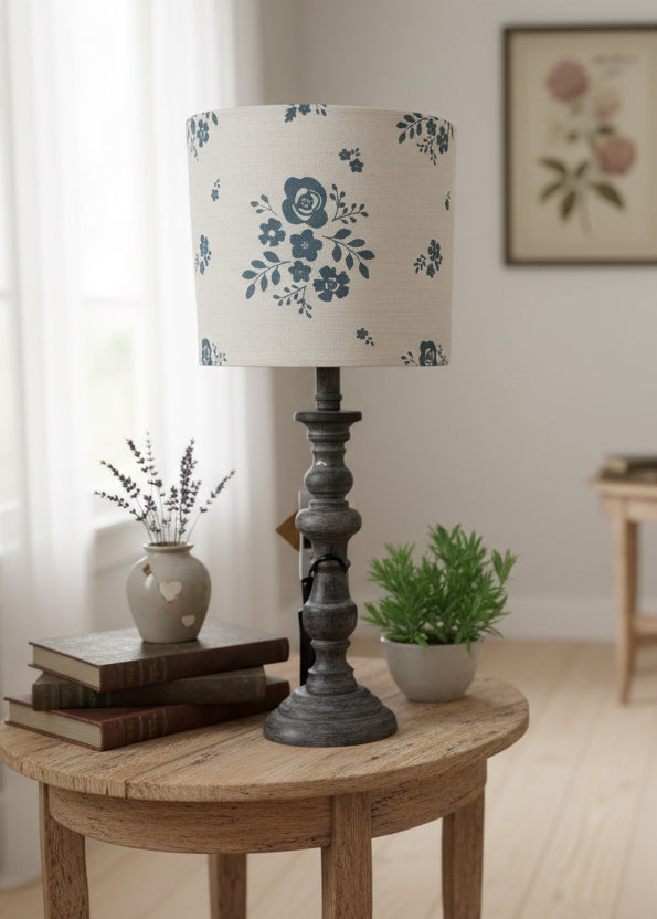Lampshade - Linen & Rose Damson Denim on white linen - 20cm drum lampshade