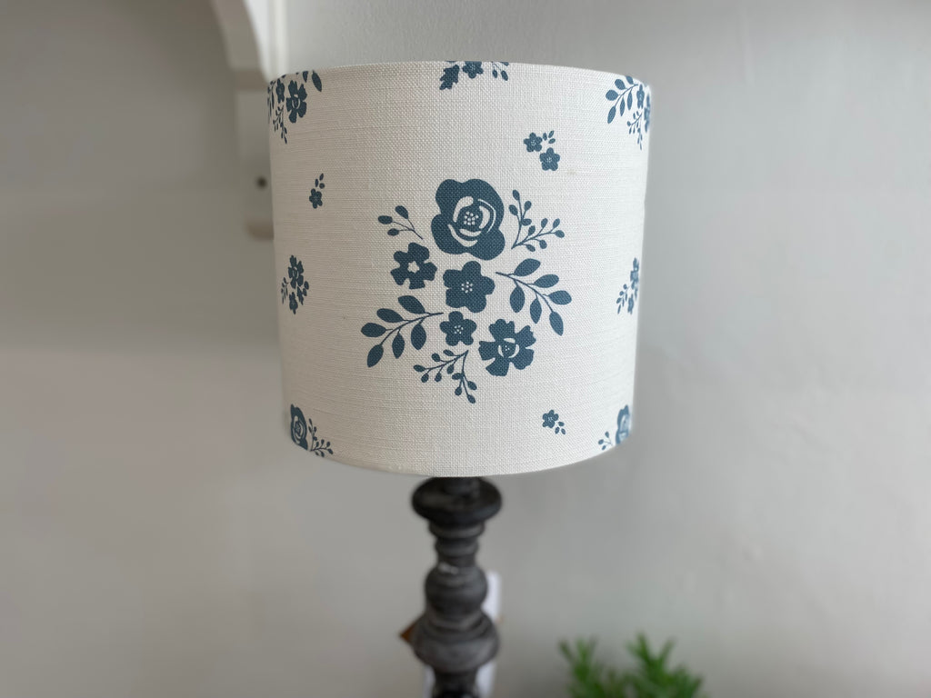 Lampshade - Linen & Rose Damson Denim on white linen - 20cm drum lampshade