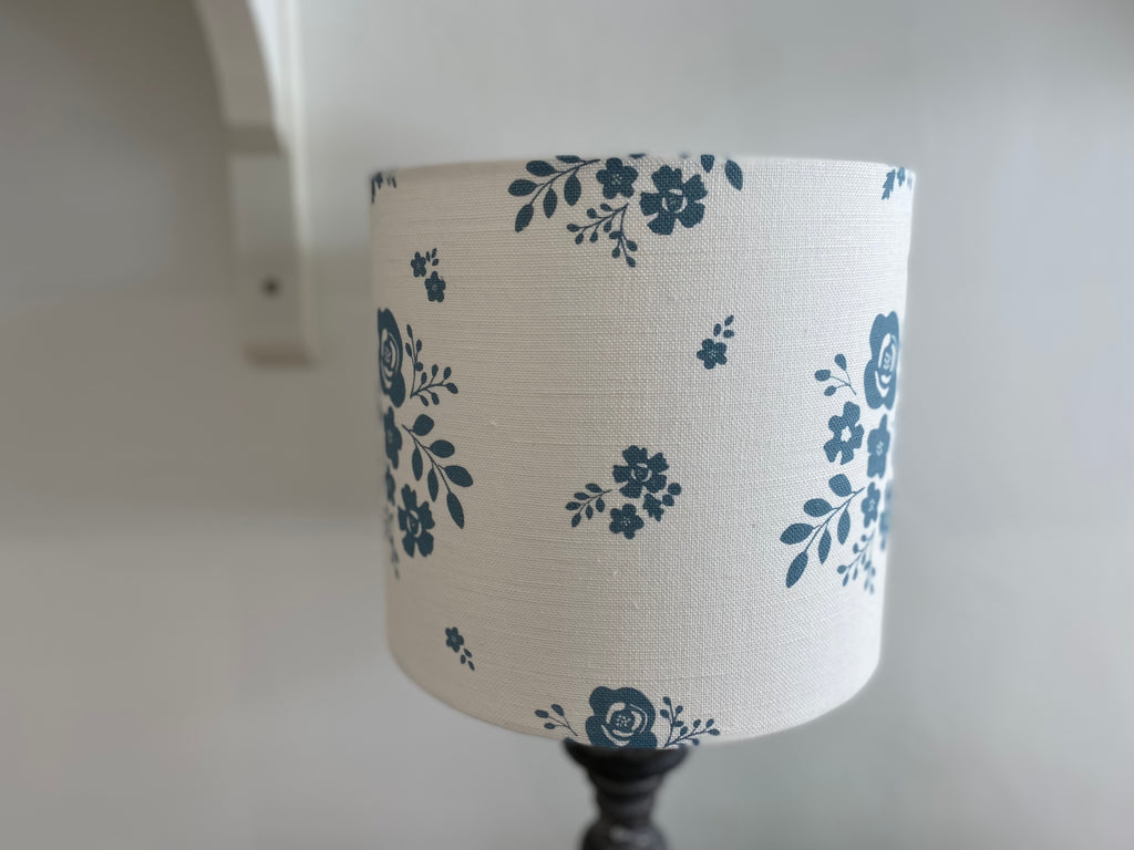 Lampshade - Linen & Rose Damson Denim on white linen - 20cm drum lampshade
