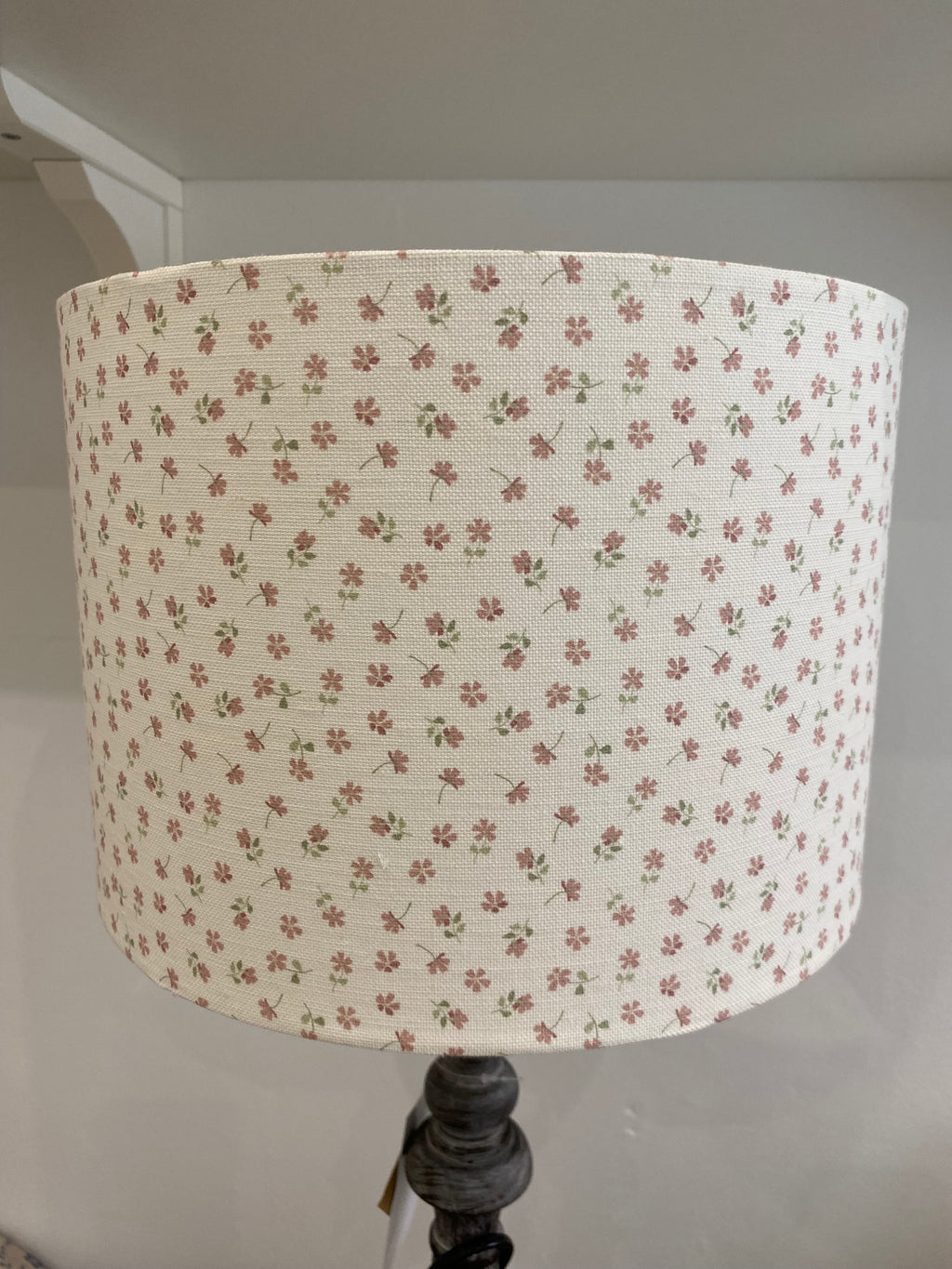 Lampshade - Linen and Rose Ditsy Pink on White Cotton - 30cm Drum