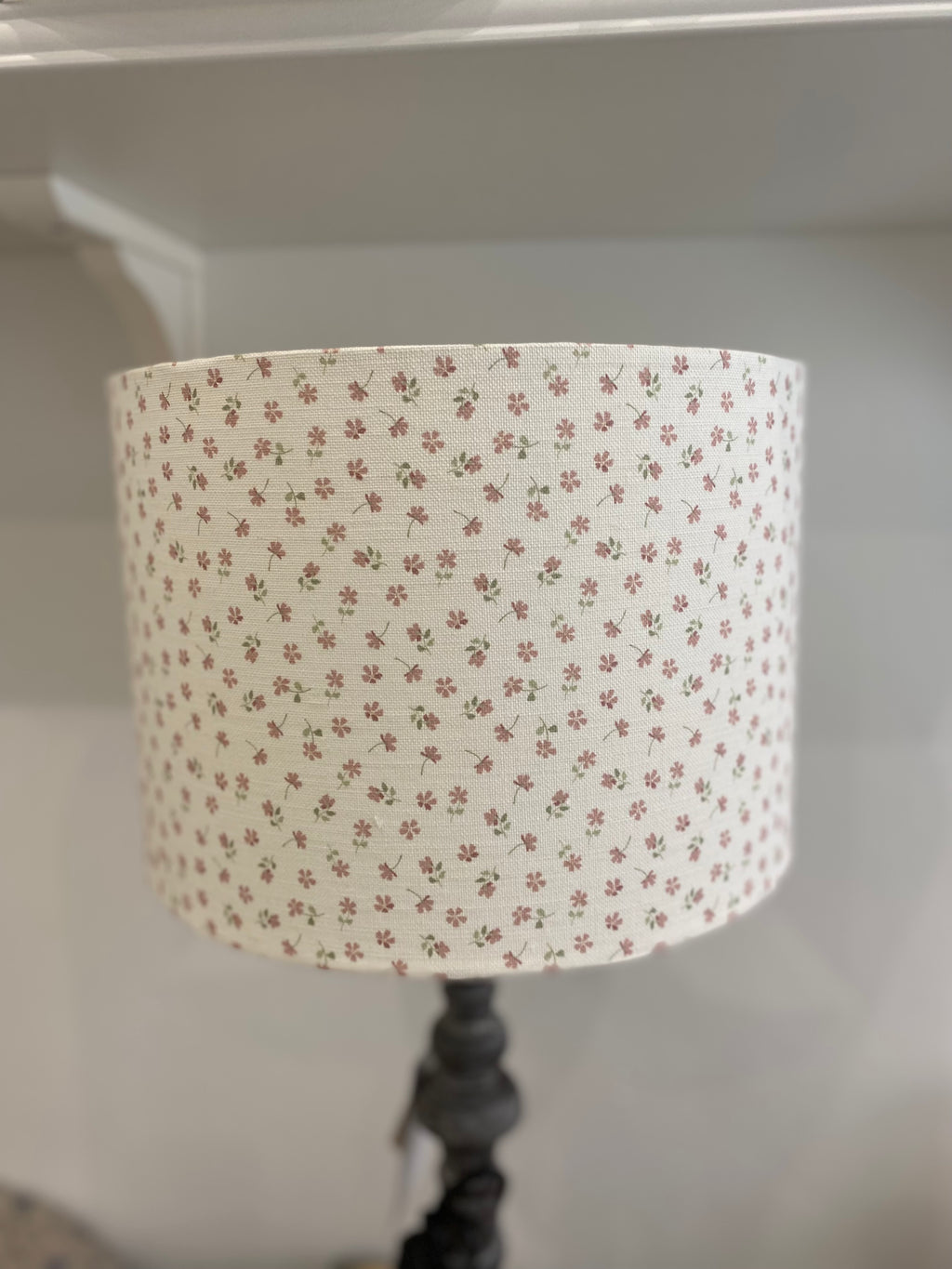 Lampshade - Linen and Rose Ditsy Pink on White Cotton - 30cm Drum