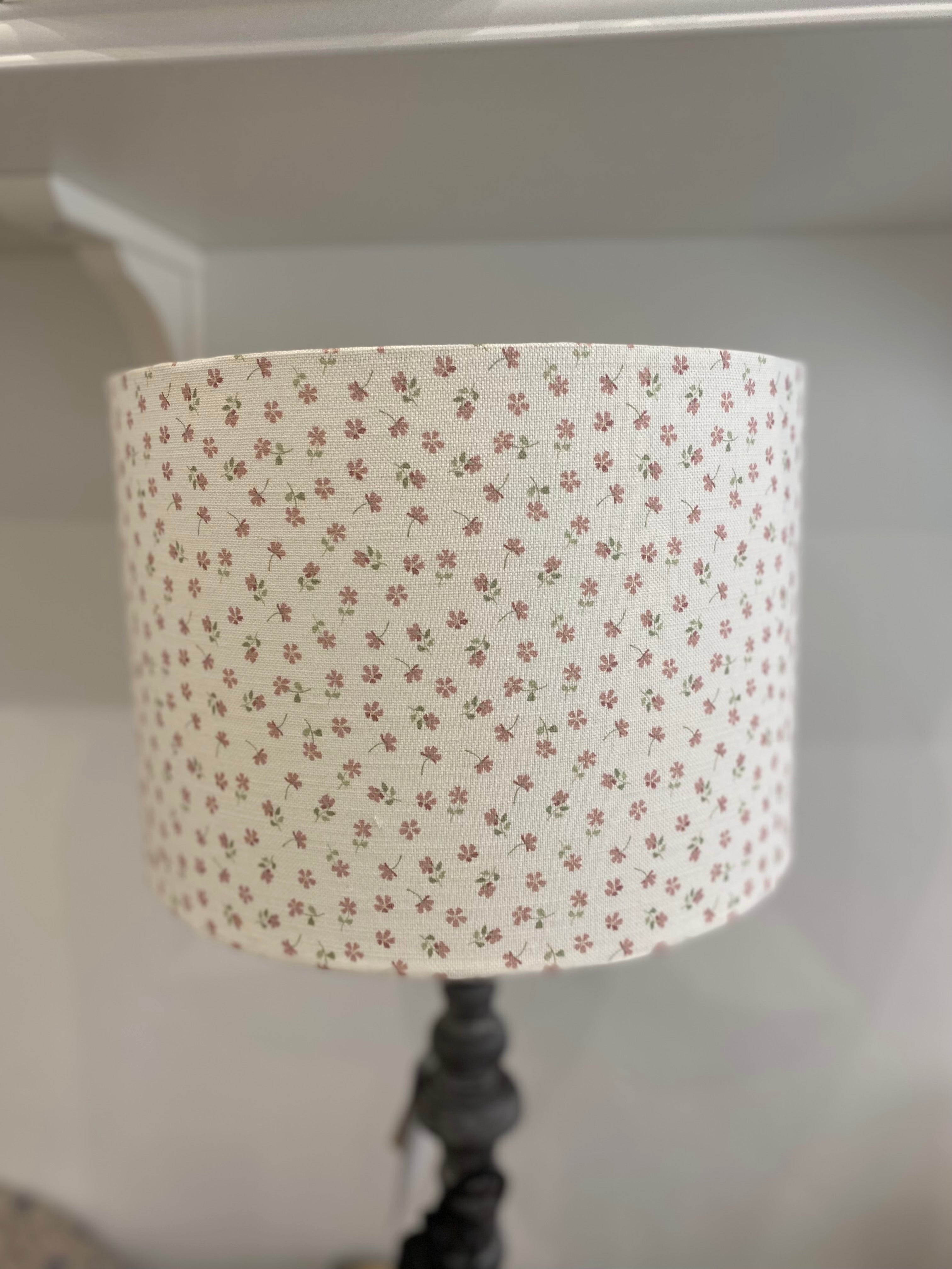 Lampshade - Linen and Rose Ditsy Pink on White Cotton - 30cm Drum