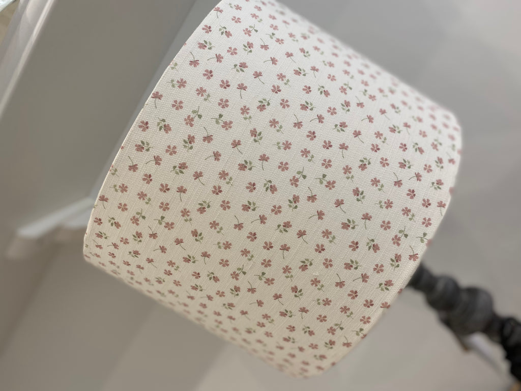 Lampshade - Linen & Rose Ditsy pink on white Cotton - 20cm drum lampshade