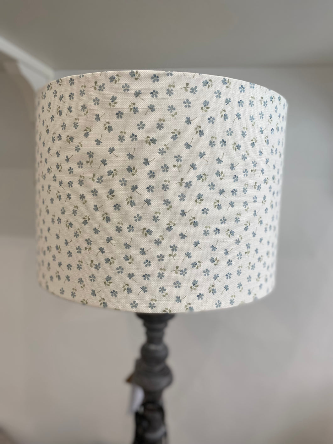 Lampshade - Linen & Rose Ditsy Blue on white linen - 20cm drum lampshade